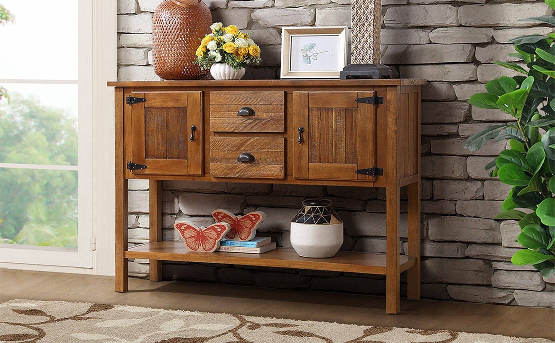 Alt View 5. GOODSILO - Solid Wood Sideboard Console Table with Drawers and Cabinets Retro Style Storage Buffet Server Cabinet - Brown.