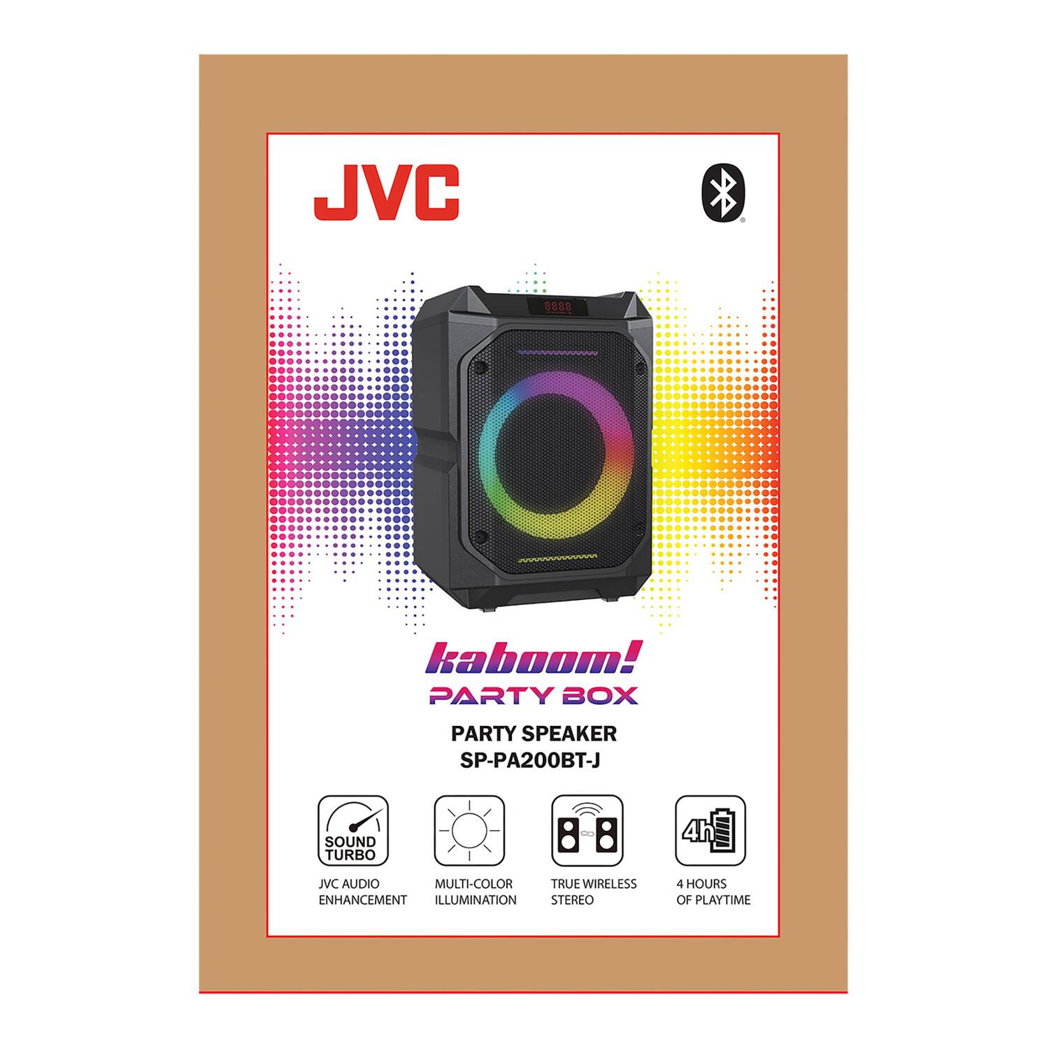JVC Kaboom! Party Box Party Speaker SP-PA200BT-J  
Sound Turbo  
JVC Audio Multi-Color Illumination  
True Wireless Stereo  
4 Hours of Playtime