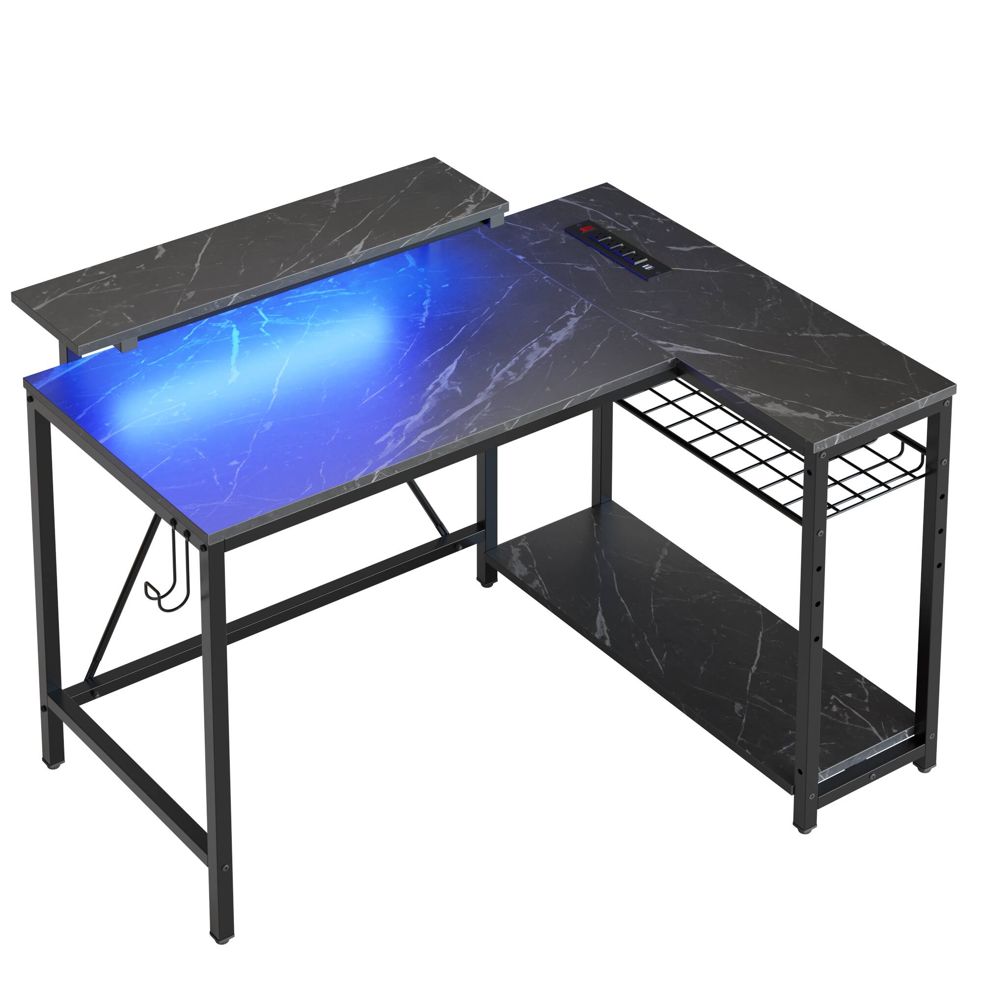 Alt View 3. Bestier - L-Shaped Gaming Desk with Power Outlets LED Lights and Reversible Storage Shelves & Hooks - 42" Wide - Black.