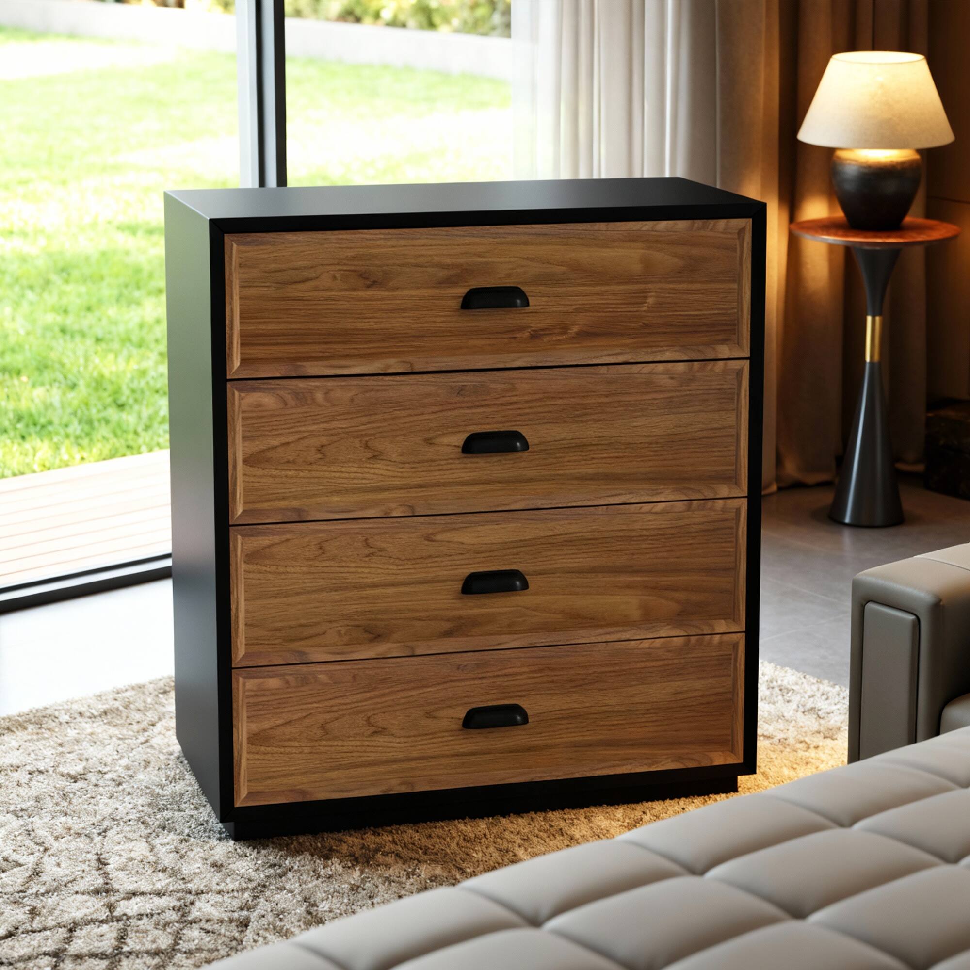 Alt View 2. luck idea - Mid-Century Modern 31.49" Solid Wood Nightstand with 4 Drawers, Bedside Table - Walnut Color.