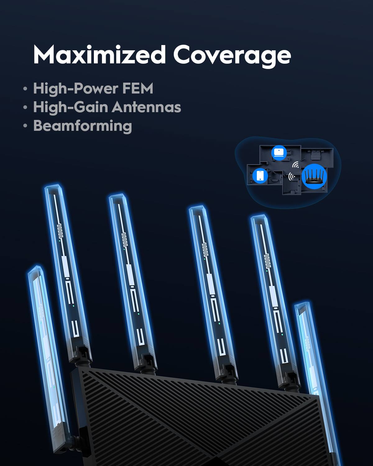 Maximized Coverage: High-Power FEM, High-Gain Antennas, Beamforming