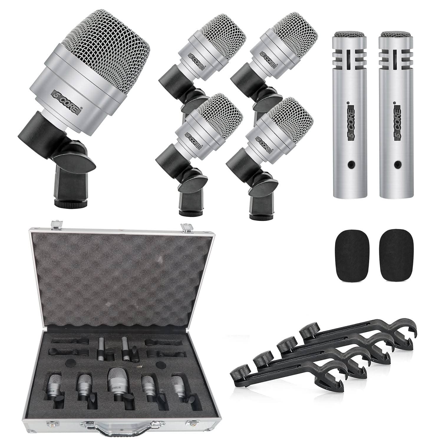 5 CORE - Drum Mic Kit 7 Pcs Kick Bass Tom Snare Dynamic Microphone Instrument Mics Set - Silver
