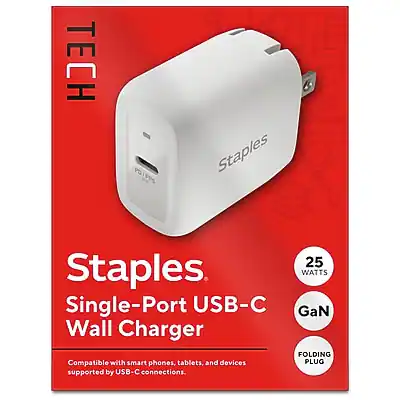 TECH PO 19P% Staples 25Watts Single-Port USB-C GaN Wall Charger FOLDING PLUG Compatible with smartphones, tablets, and devices supported by USB-C connections.