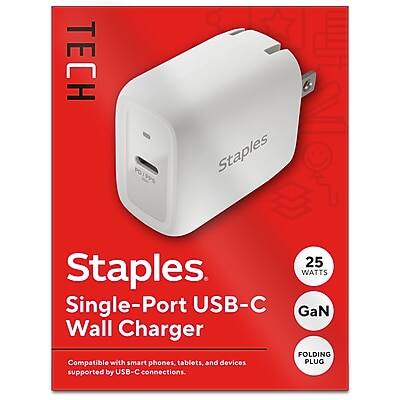 TECH PO 19P% Staples 25Watts Single-Port USB-C GaN Wall Charger FOLDING PLUG Compatible with smartphones, tablets, and devices supported by USB-C connections.