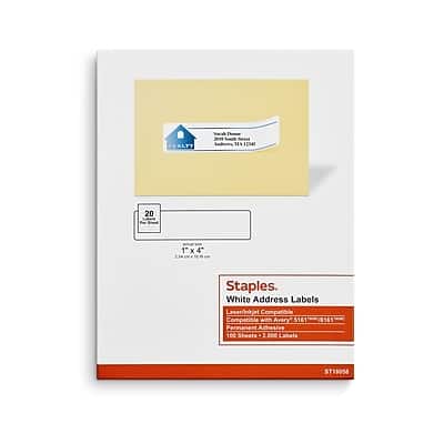"Staples - Laser/Inkjet Address Labels, 1"" x 4"", 20 Labels/Sheet, 100 Sheets/Pack, 2000 Labels/Box - White" price history on PriceWatchPro