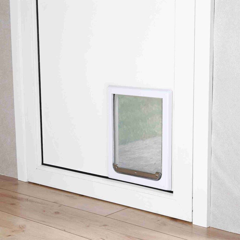 Left. TRIXIE - 2-Way Pet Door for Doors with Lockable Panel, Small - White.
