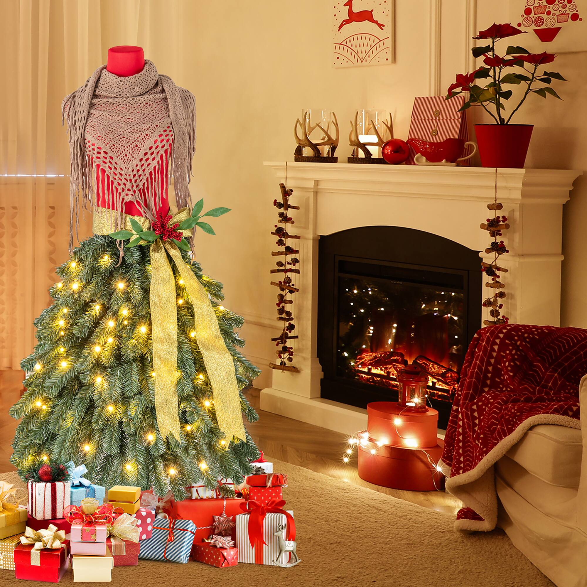 Alt View 1. Gymax - Gymax 5 FT Artificial Mannequin Tree w/ 248 Branch Tips 100 Warm White LED Lights - Green, Red.
