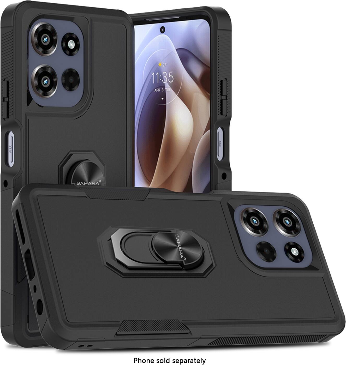 The image shows a cell phone case and a phone case with a phone inside. The phone is a Samsung Galaxy S9+, and the case is black. The phone is displayed in the case, and the case is shown in two different angles. The case is designed to protect the phone and is sold separately.