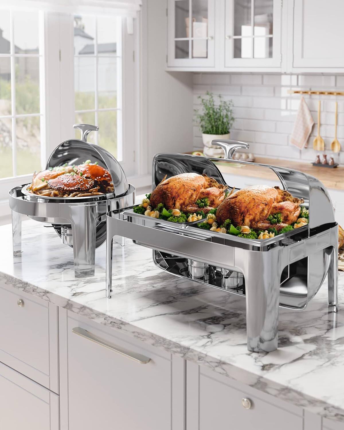 Alt View 3. GARVEE - 9QT Rectangle Roll Top Chafing Dish Buffet Set,Stainless Steel Catering Food Warmer Comes with 2 Half Size Pans - Silver.