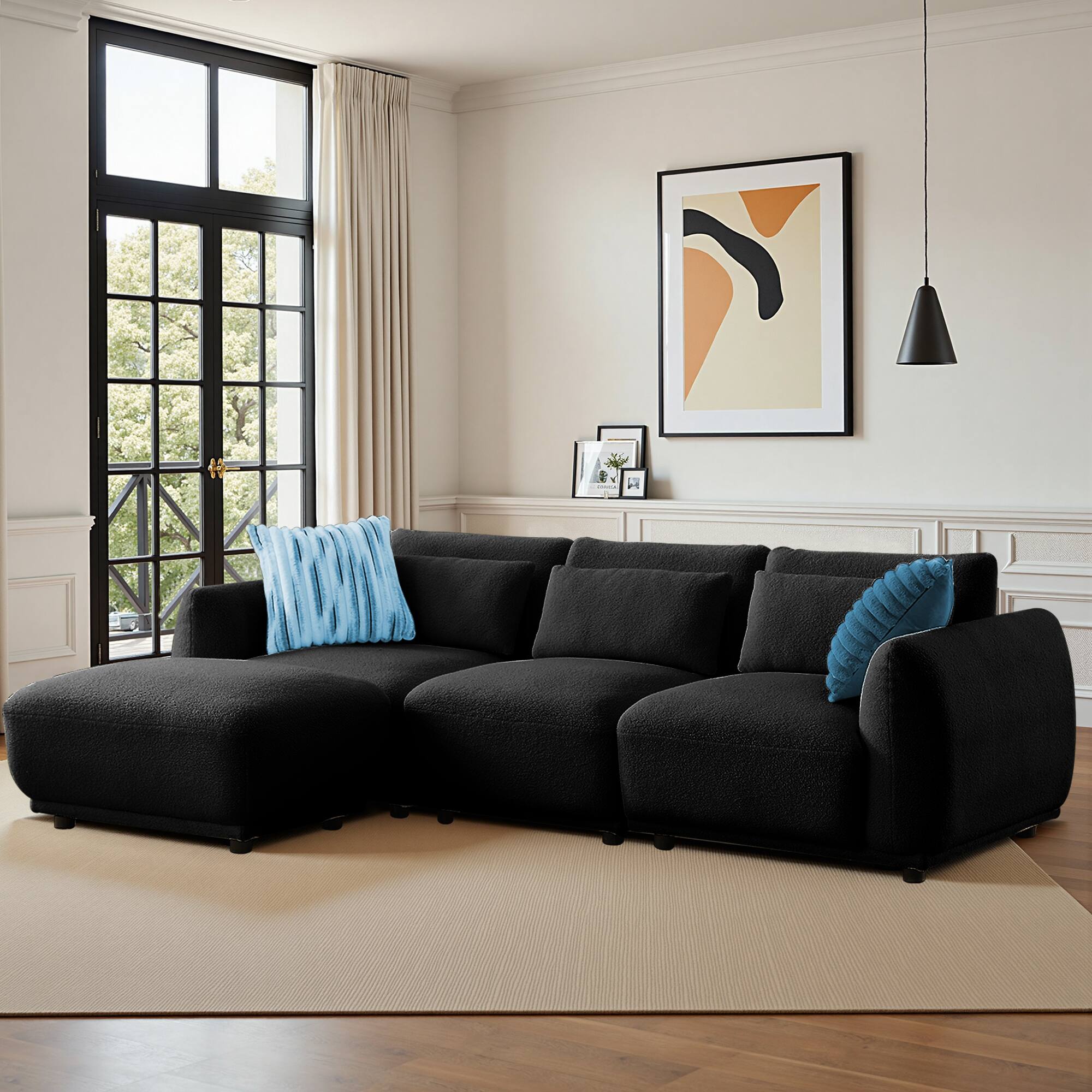 Alt View 2. Meqiodas - Modern Sectional Sofa, Modular L-Shaped Cloud Couch, Convertible Modular Sectional Sofa with Ottoman - Black(3+1).