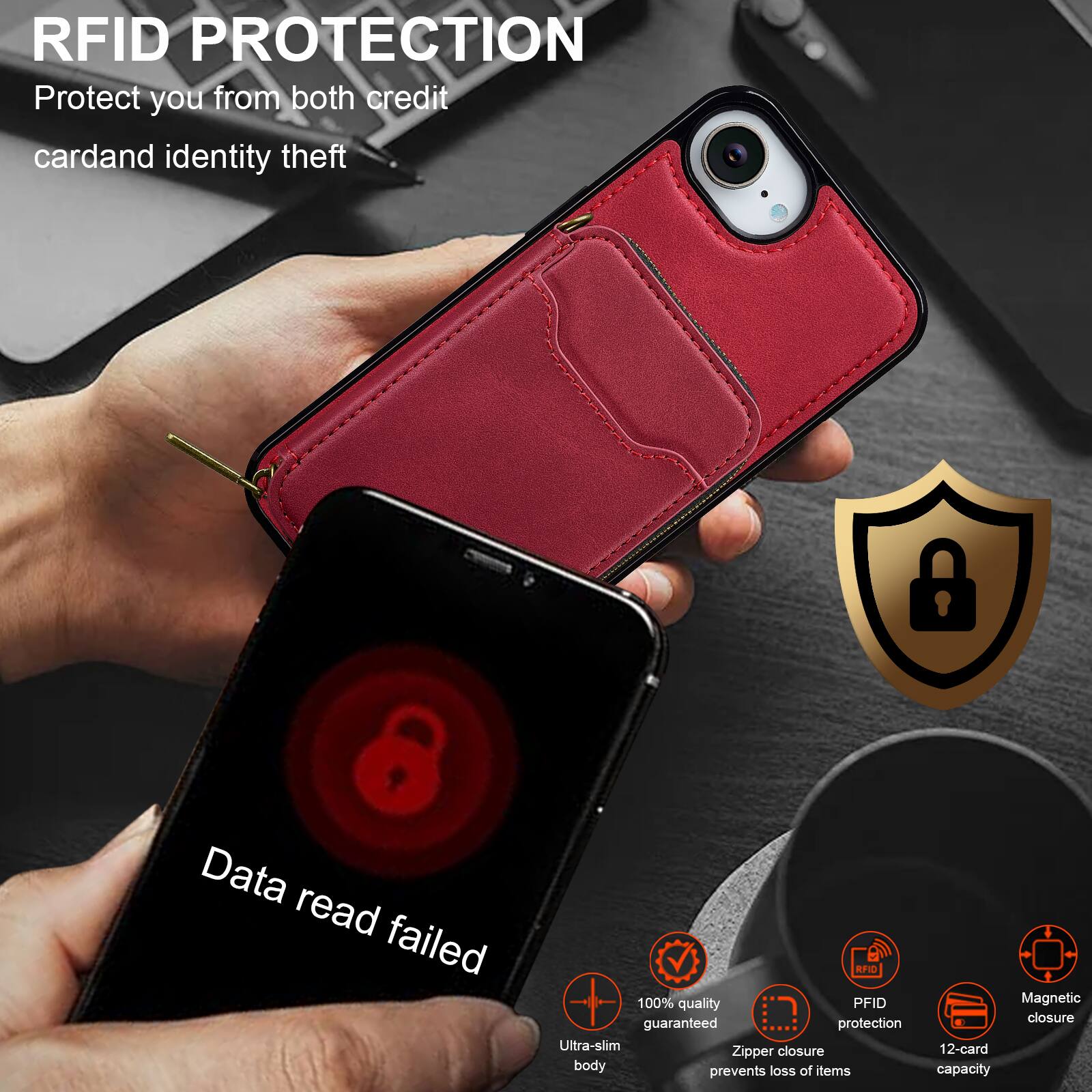 RFID PROTECTION  
Protect you from both credit card and identity theft  

Data read failed  

100% quality guaranteed protection  
Ultra-slim closure  
Zipper body prevents loss of items  
Magnetic closure  
12-card capacity  

RFID PROTECTION  
Protect you from both credit card and identity theft