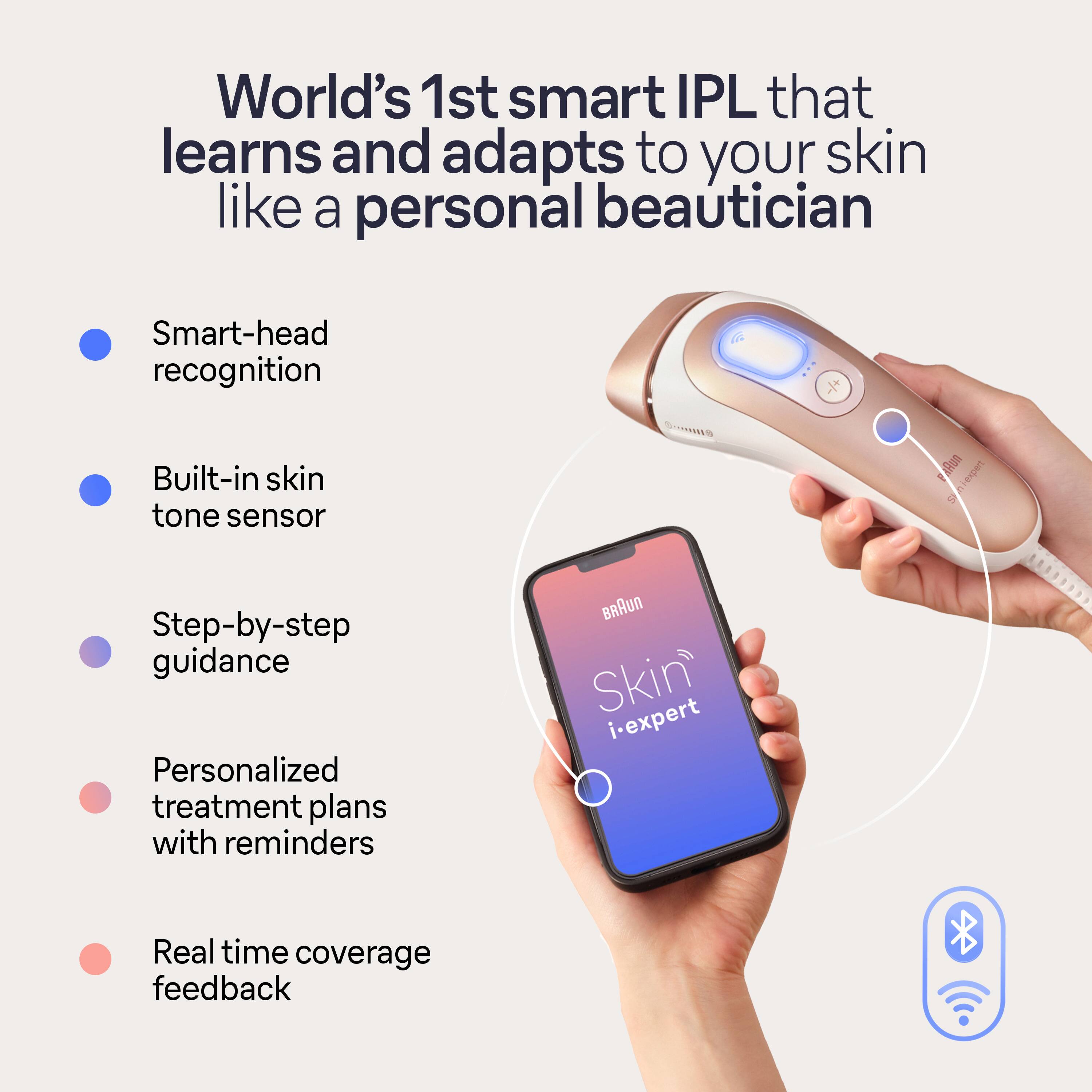 World's 1st smart IPL that learns and adapts to your skin like a personal beautician. Smart-head recognition, Built-in skin tone sensor, Step-by-step guidance, Personalized treatment plans with reminders, BRAUN Skin i-expert, Real time coverage feedback.