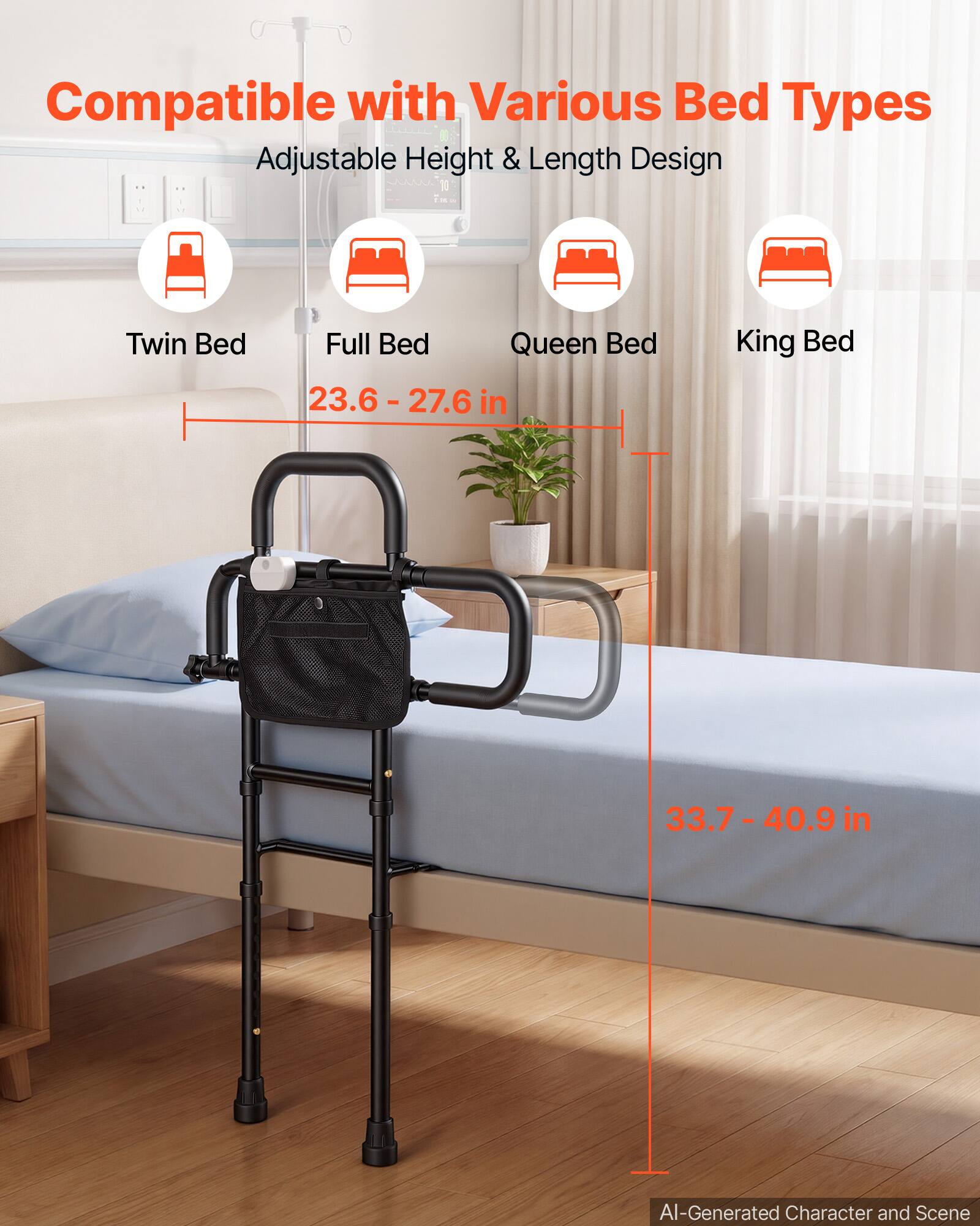 VEVOR Bed Rail for Elderly Adult Folding Bed Assist Rail with Floor ...