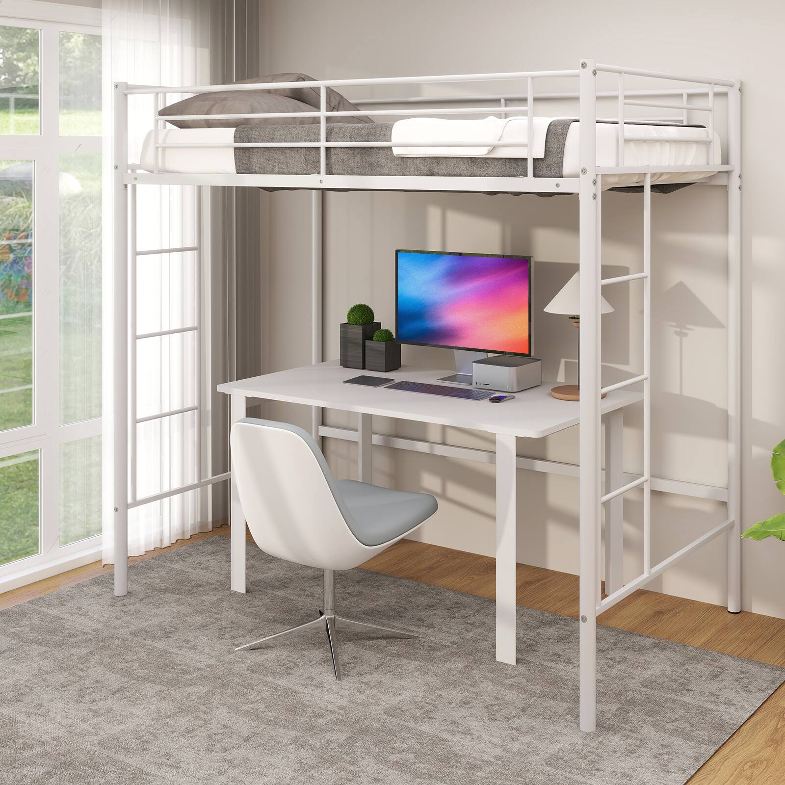 Alt View 1. Ecooso - Twin Loft Bed Frame with 2 Ladders Full-length Guardrail - White.