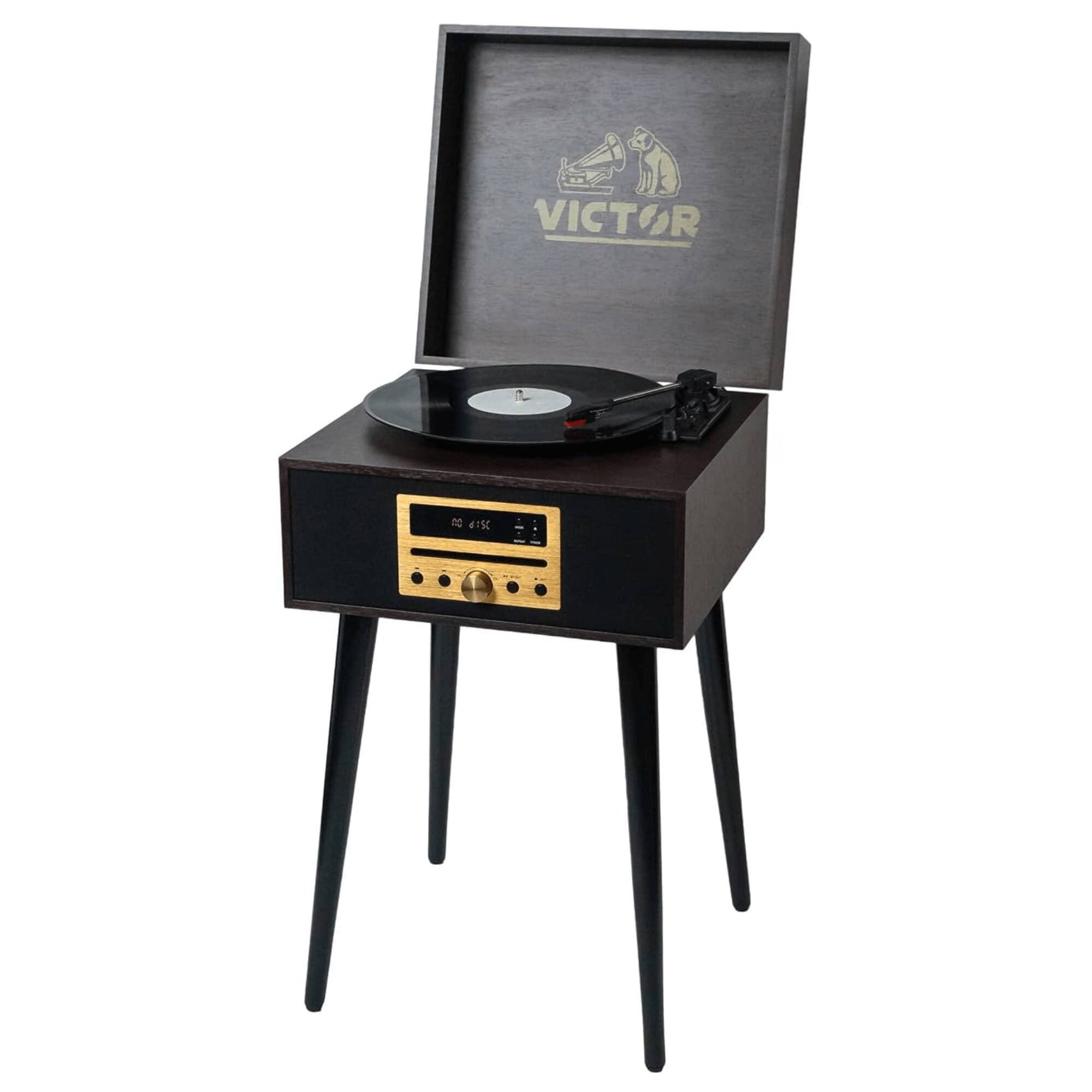 Angle. Victor Audio - Newbury 8-in-1 Music Center w Chair-Height Legs, USB Slot & AM FM Radio - Espresso.