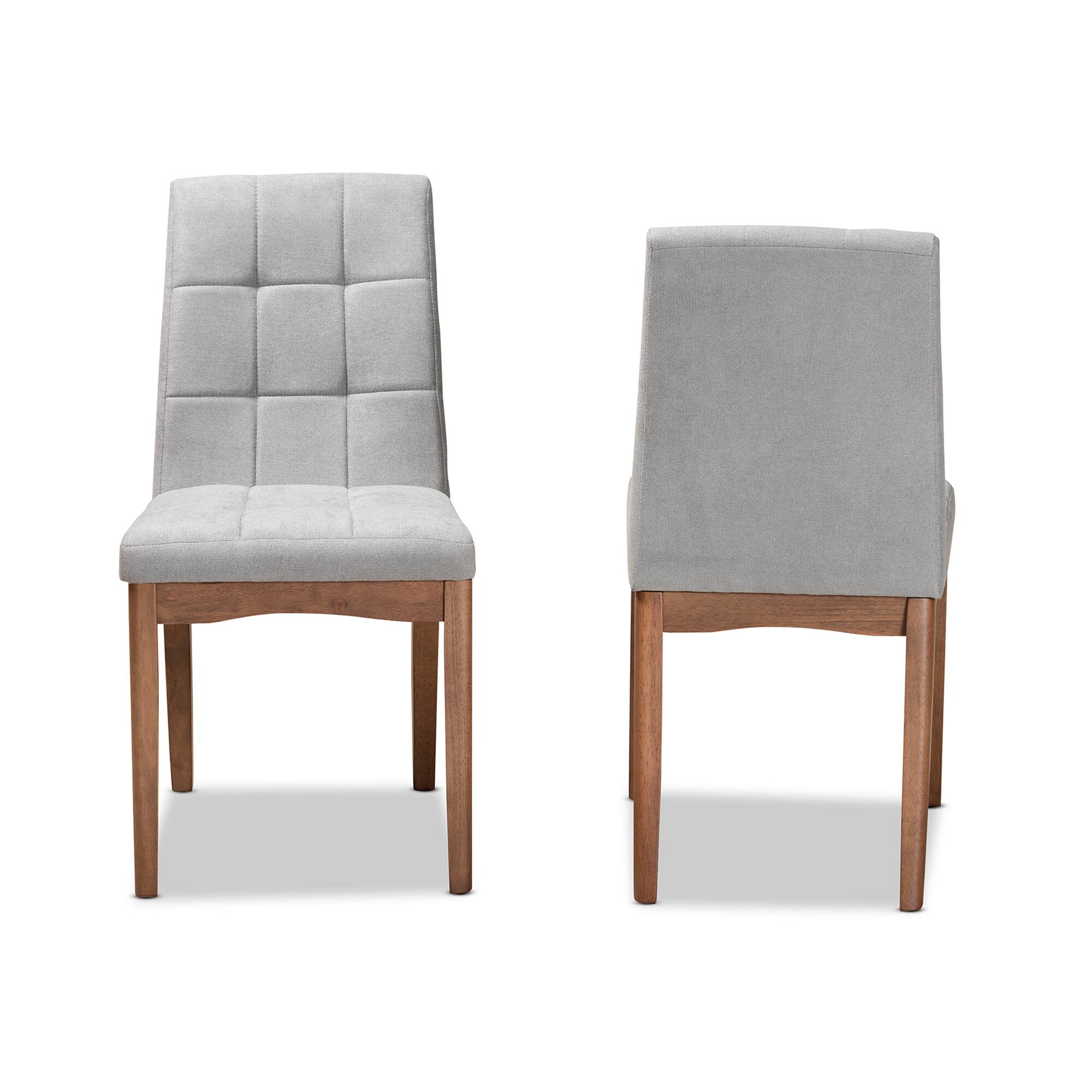 Angle. Baxton Studio - Tara Mid Century Fabric Upholstered and Finished Wood 2-Piece Dining Chair Set - Light Grey/Walnut Brown.
