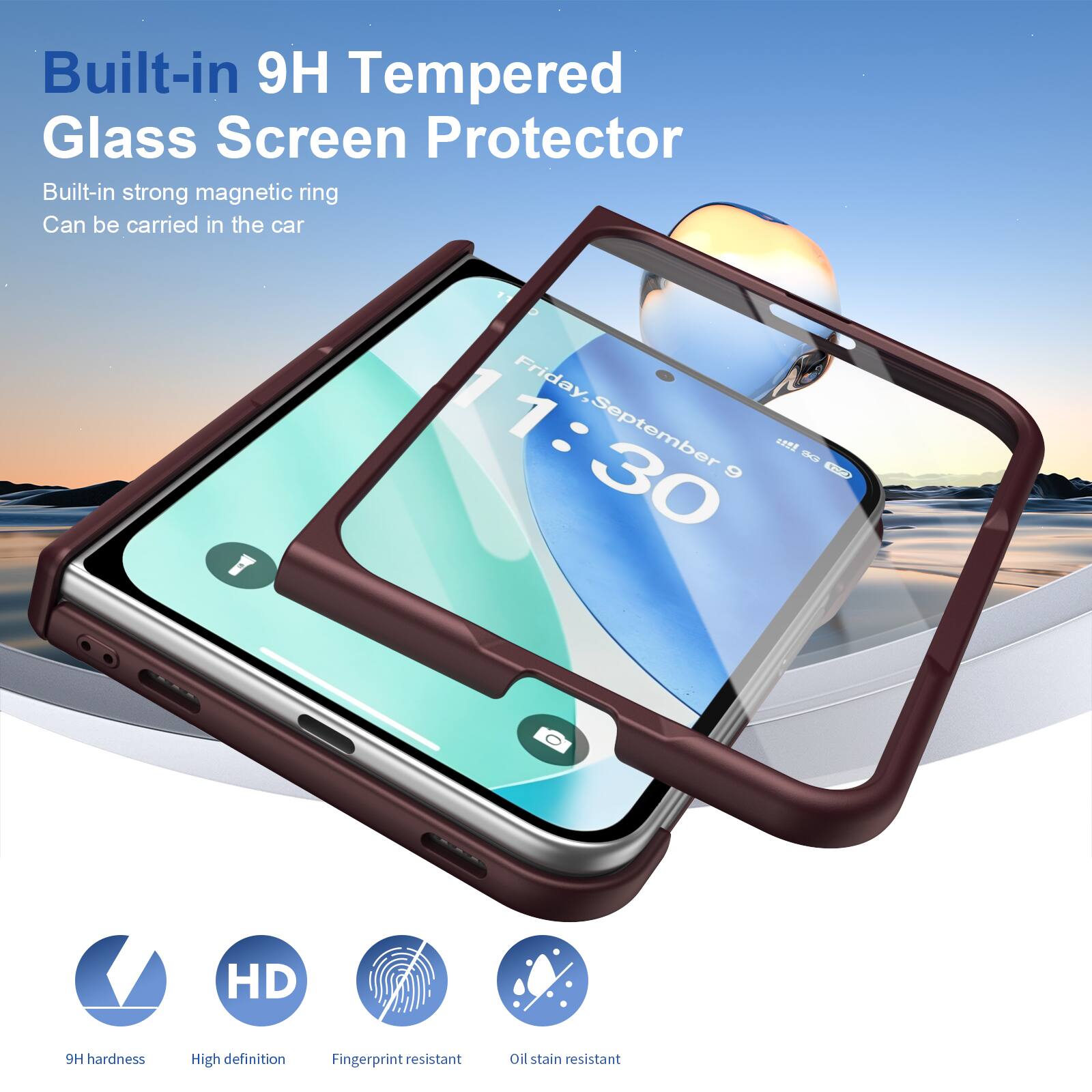 Built-in 9H Tempered Glass Screen Protector  
Built-in strong magnetic ring  
Can be carried in the car  

9H hardness  
High definition  
Fingerprint resistant  
Oil stain resistant