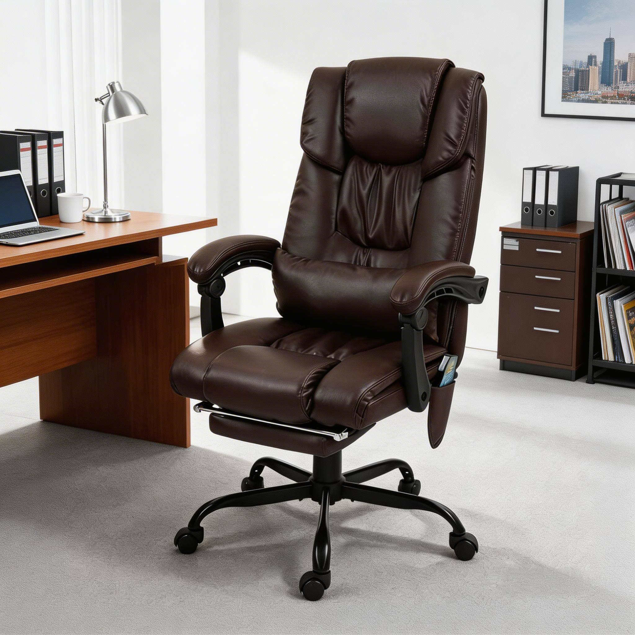 Left. Forest'nSky - Brown High Back Reclining Office Chair with 6 Vibrating Points with Footrest and Remote - Brown.