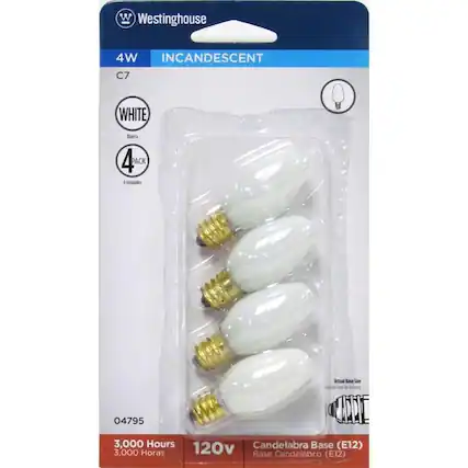 Westinghouse
4W INCANDESCENT
C7
WHITE
4 PACK
4 Unidades
Actual Base Sw
04795
CE
3,000 Hours
3,000 Horas
120v
Candelabra Base (E12)
Base Candelabro (E12)