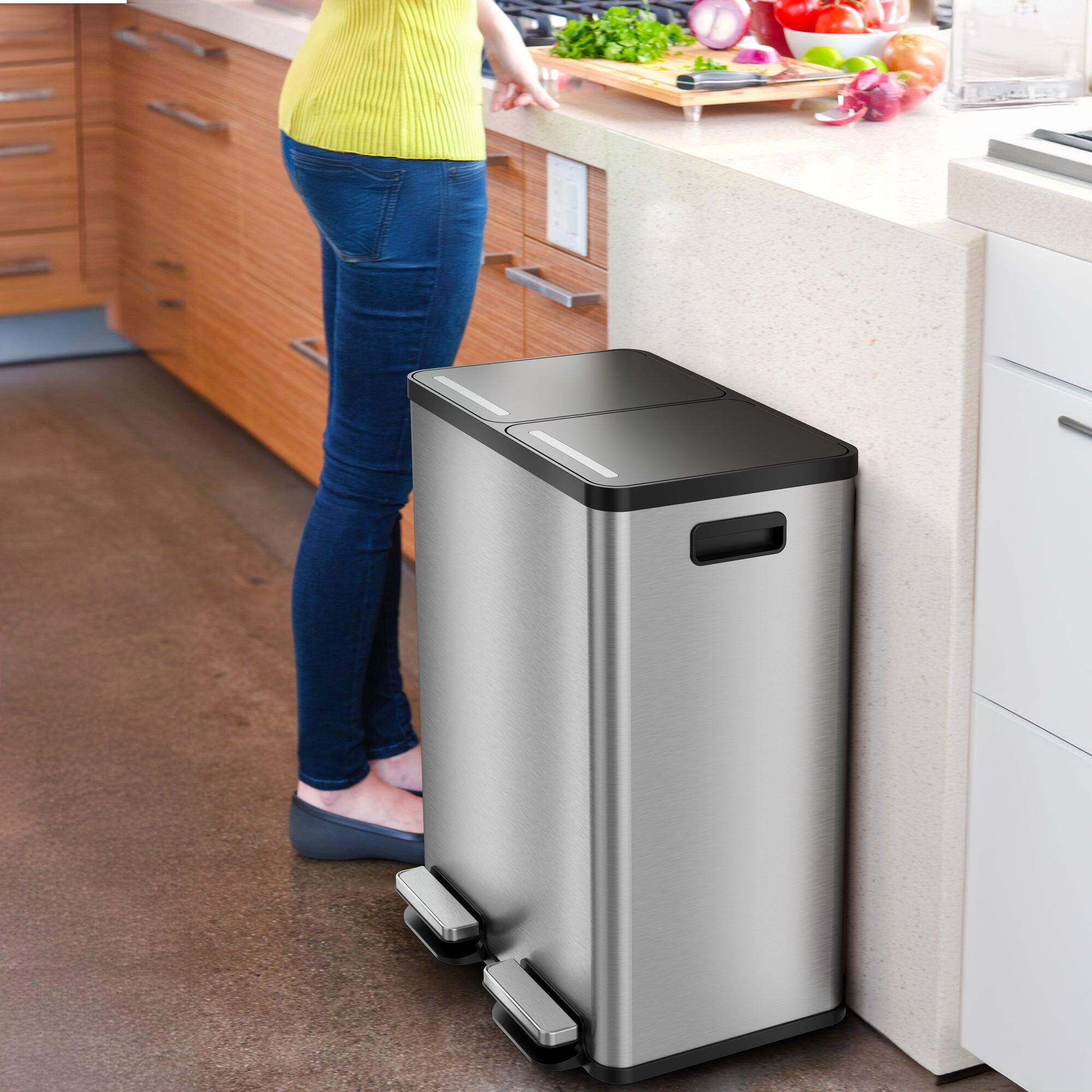 Left. iTouchless - 16 Gallon SoftStep Dual Compartment Stainless Steel Step Kitchen Trash & Recycle Bin with Dual AbsorbX Odor Filters - Silver.