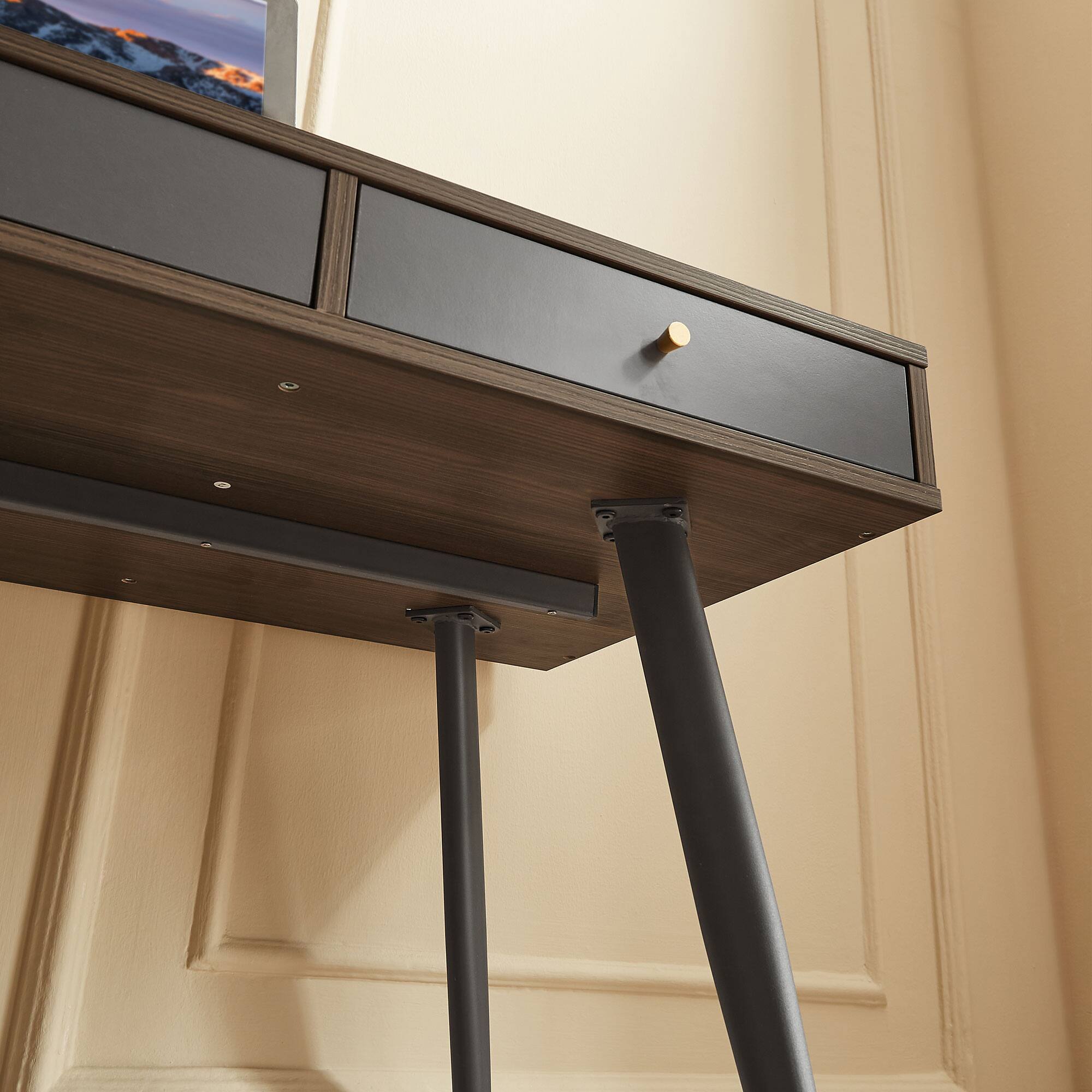 Alt View 5. GOODSILO - Mid-Century Modern Writing Study Desk with Drawers, Home Office Computer Desk - Dark Gray,Walnut.