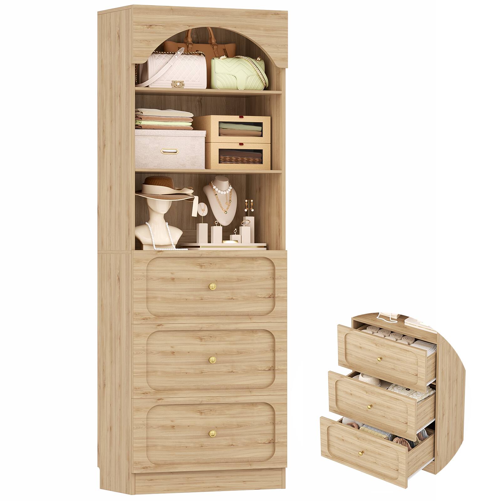 Angle. Aheaplus - 80" 2-Piece Arched Pantry Bookshelf Set - 6 Drawers & 6-Tier Shelves, Seamless Wall Fit ,Ships in 2 Packages - Brown.