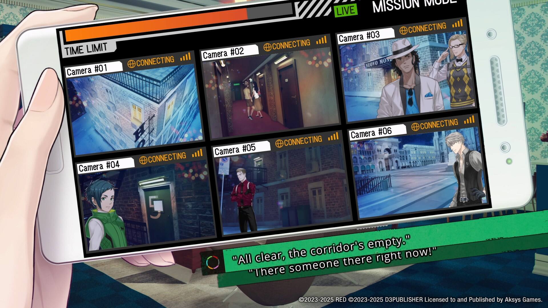 The text on the image is grouped and corrected as follows:

"TIME LIMIT Camera #01 CONNECTING Camera #02 CONNECTING ... MODE LIVE MISSION CONNECTING Camera #03 NUOVO MOND Camera #04 CONNECTING Camera #05 CONNECTING Camera #06 CONNECTING corridor's empty." clear, the right now!" "All there "There I 2023-2025 RED 2023-2025 D3PUBLISHER Licensed to and Published by Aksys Games."