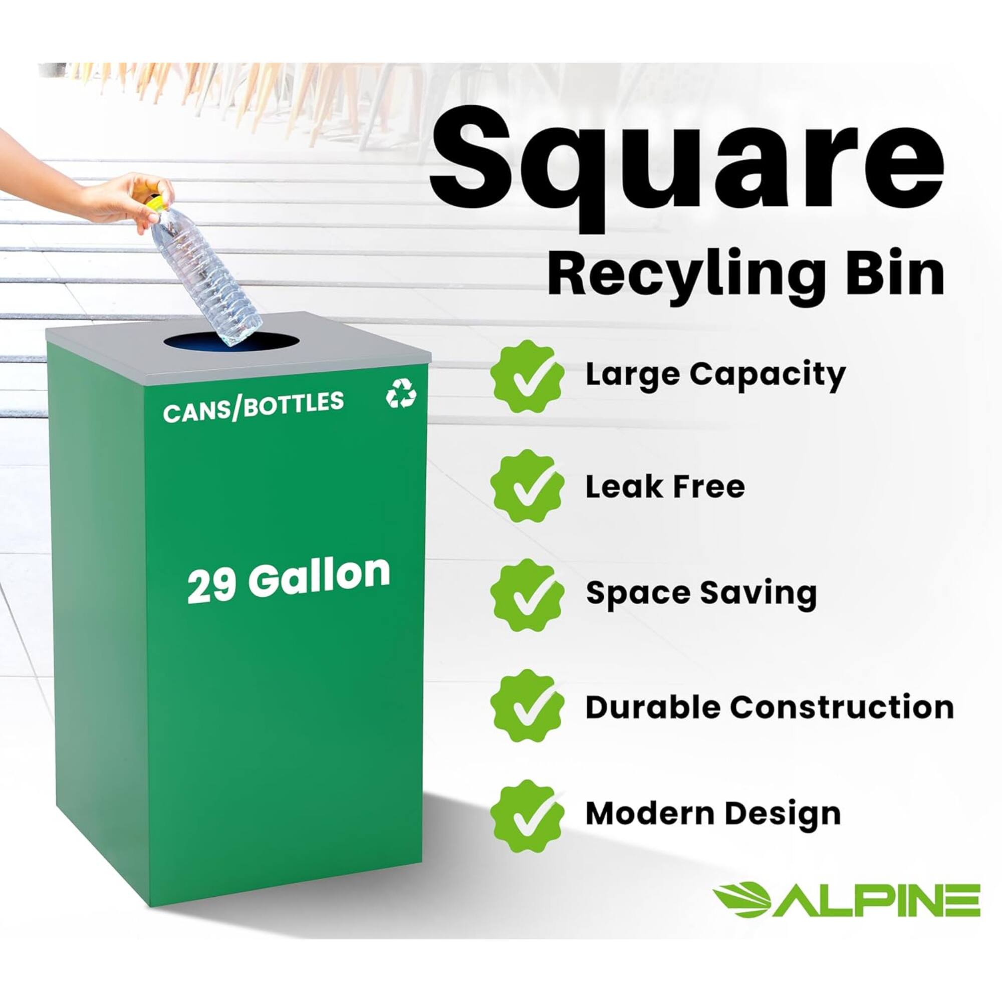 Square Recycling Bin CANS/BOTTLES Large Capacity Leak Free 29 Gallon Space Saving Durable Construction Modern Design ALPINE
