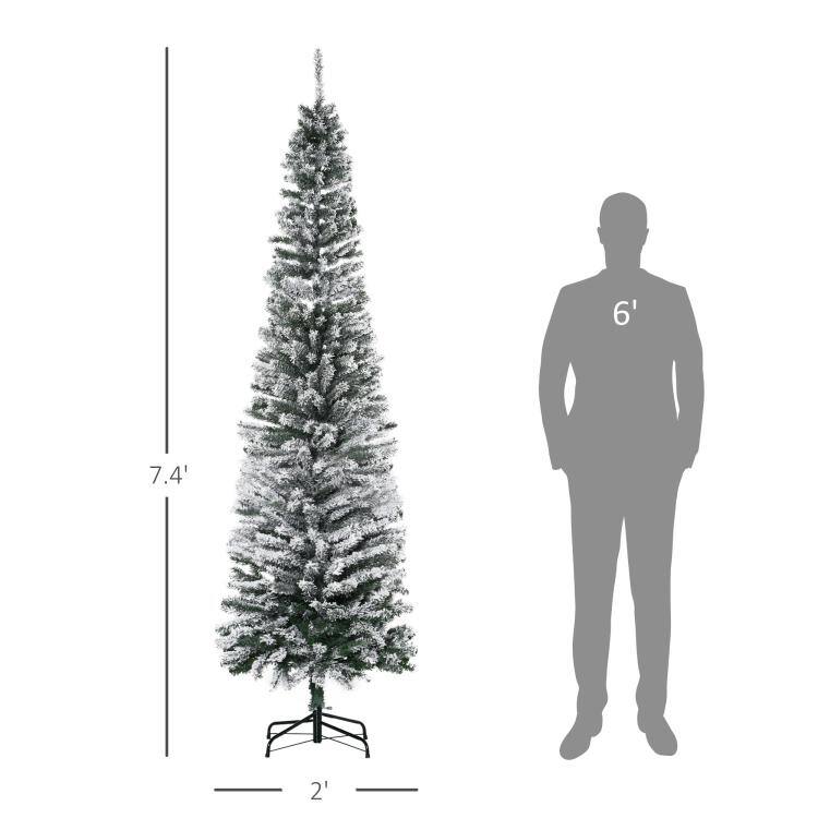 Alt View 3. PULUZ - 7.5ft Flocked Christmas Tree, Pencil Artificial Xmas Tree with Faux Snow, Dense Branches, Foldable Metal Base for Indoor - Green.
