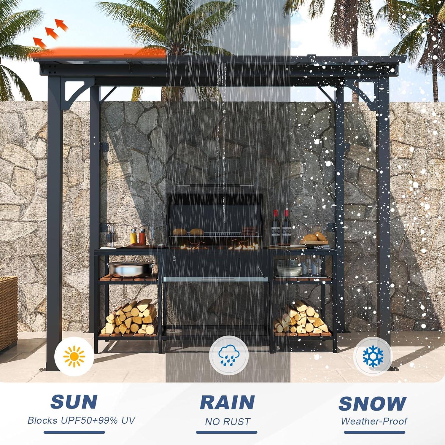 SUN  
Blocks UPF50+99% UV  

RAIN  
NO RUST  

SNOW  
Weather-Proof