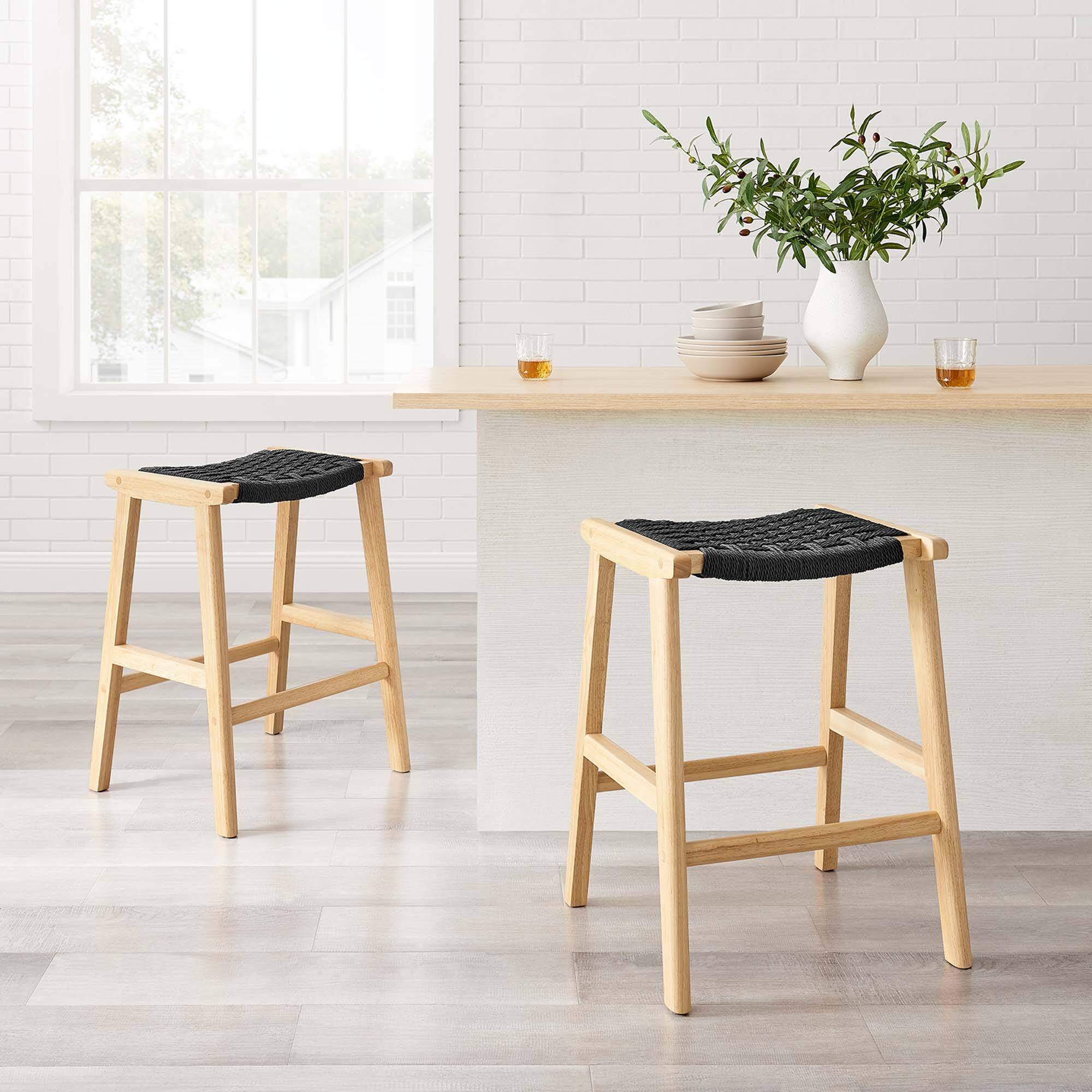 Alt View 1. Modway - Saoirse Woven Rope Wood Counter Stool Set of 2 by Modway - Natural Black.