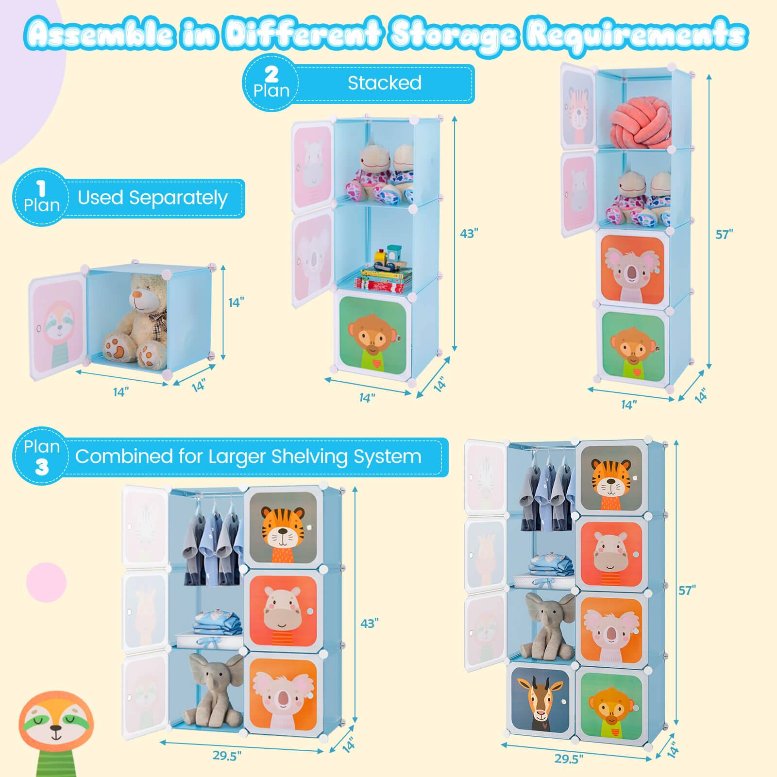 Assemble in Different Storage Requirements

1 Plan: Used Separately  
- 43" x 14" x 14"

2 Plan: Stacked  
- 57" x 14" x 14"

3 Plan: Combined for Larger Shelving System  
- 43" x 29.5" x 14"