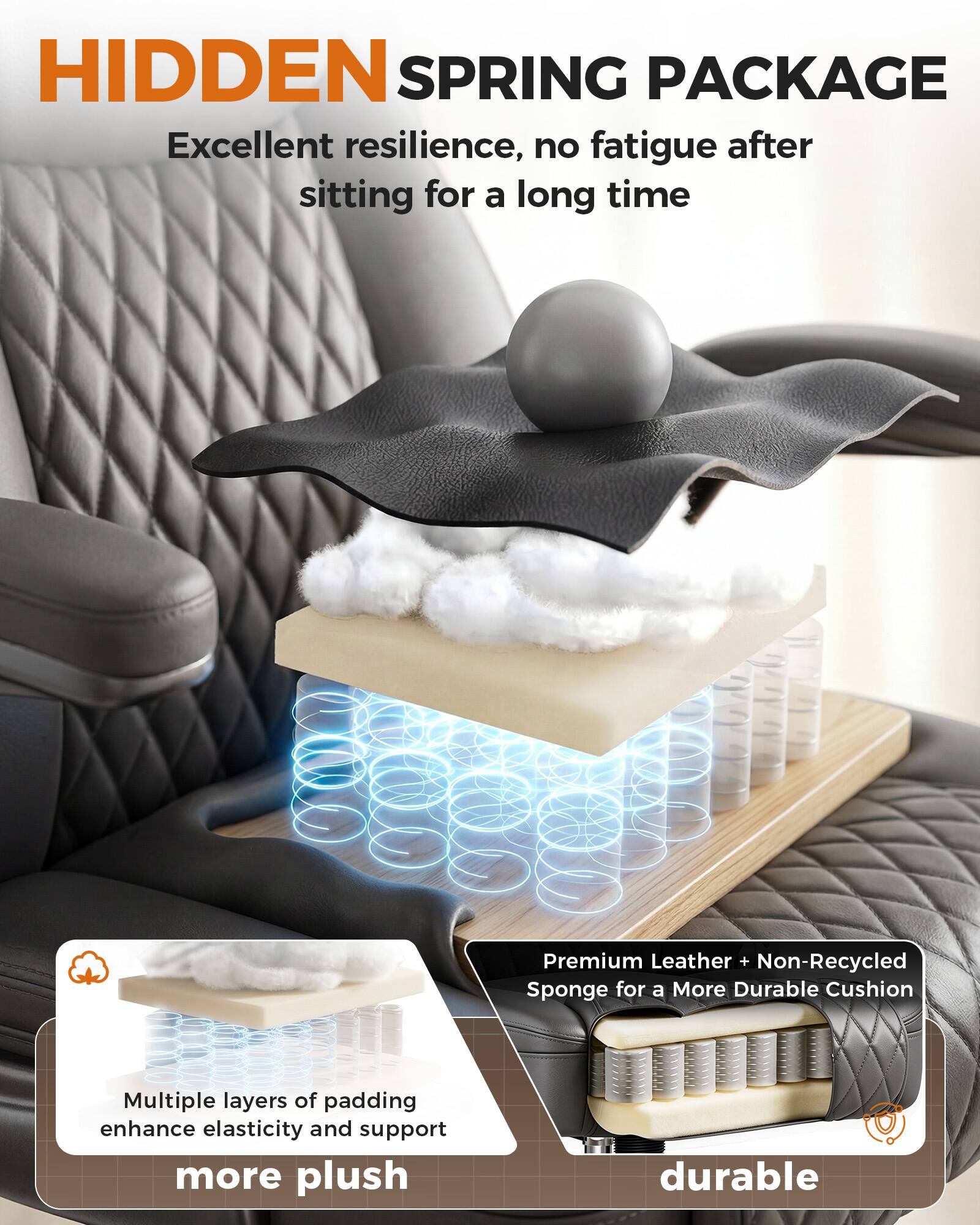 HIDDEN SPRING PACKAGE  
Excellent resilience, no fatigue after sitting for a long time  

Premium Leather + Non-Recycled Sponge for a More Durable Cushion  

Multiple layers of padding enhance elasticity and support  
more plush durable