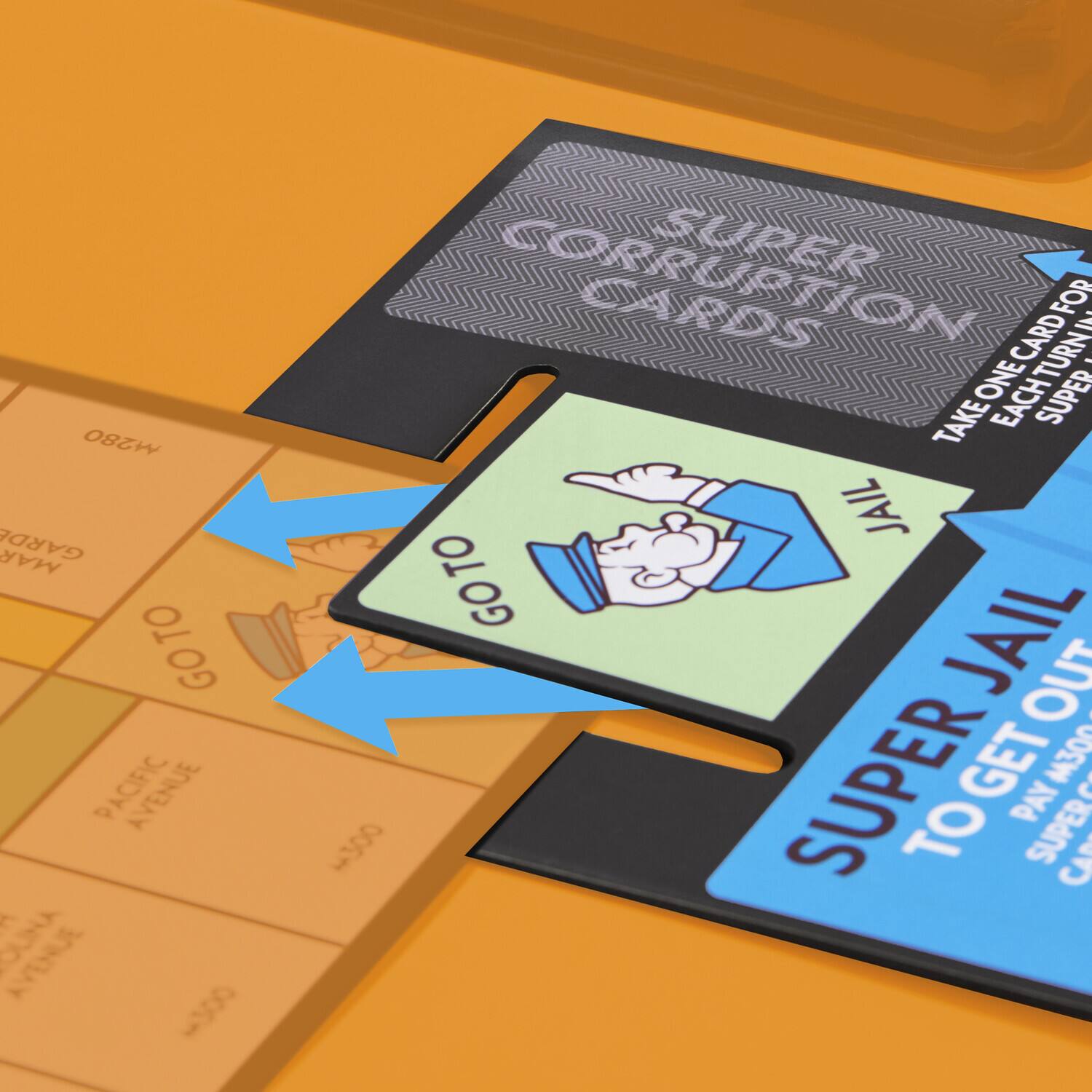 M280 GARD MAR TO GOT PACIFIC AVENUE  
AVENUE -300 -300 TO GO FOR A. CARD TURN - ONE EACH SUPER TAKE JAIL JAIL OUT - SUPER GET 30 e PAY SUPER TO 3

SUPER CORRUPTION CARDS  
TAKE ONE CARD FOR EACH TURN IN SUPER JAIL  
SUPER JAIL TO GET OUT PAY $3000