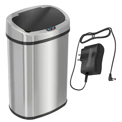 Front. iTouchless - 13 Gallon Oval Stainless Steel Sensor Kitchen Trash Can with AC Adapter and AbsorbX Odor Filter - Silver.