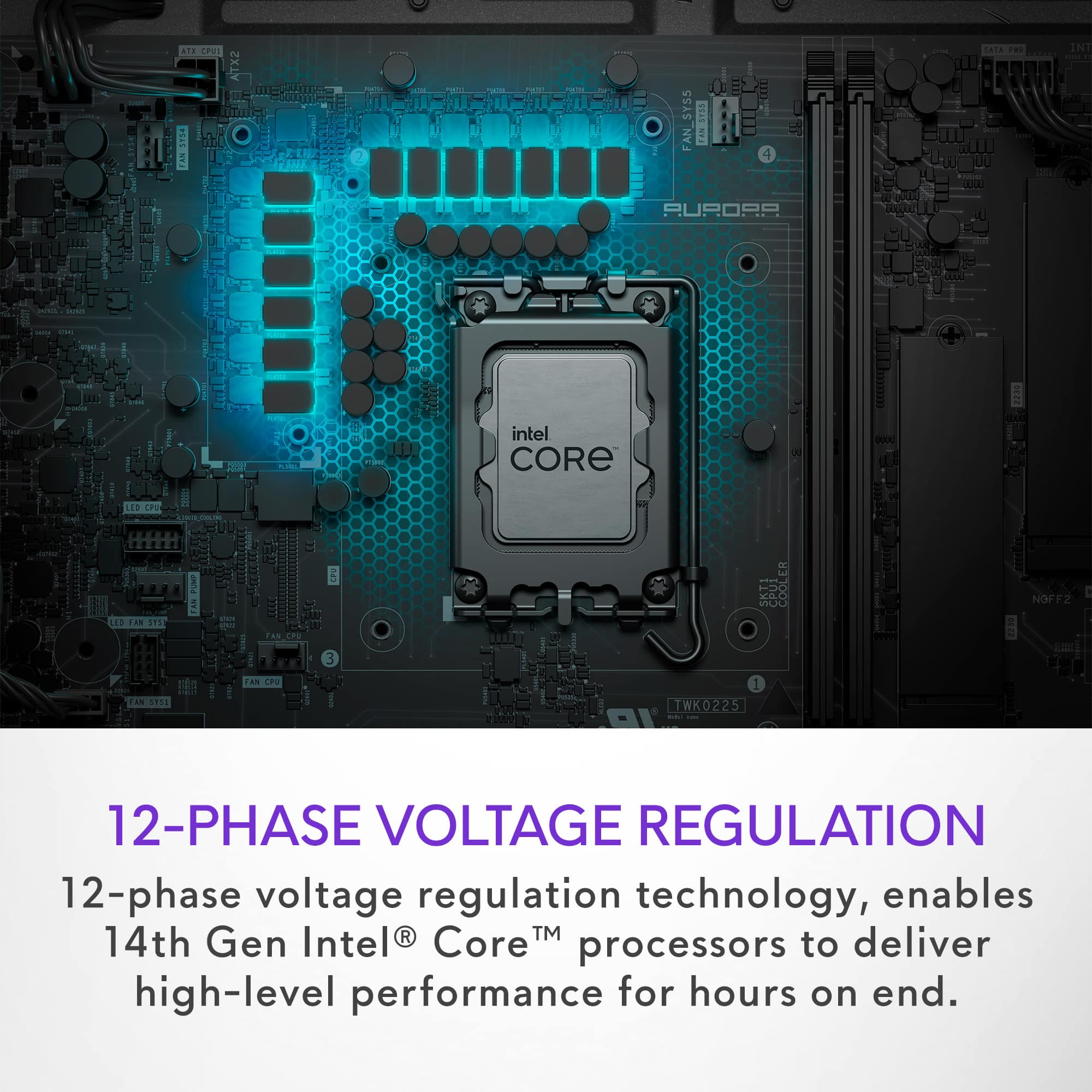The text on the image is already grouped and correctly written. It reads:
12-PHASE VOLTAGE REGULATION 12-phase voltage regulation technology, enables 14th Gen Intel Core processors to deliver high-level performance for hours on end.