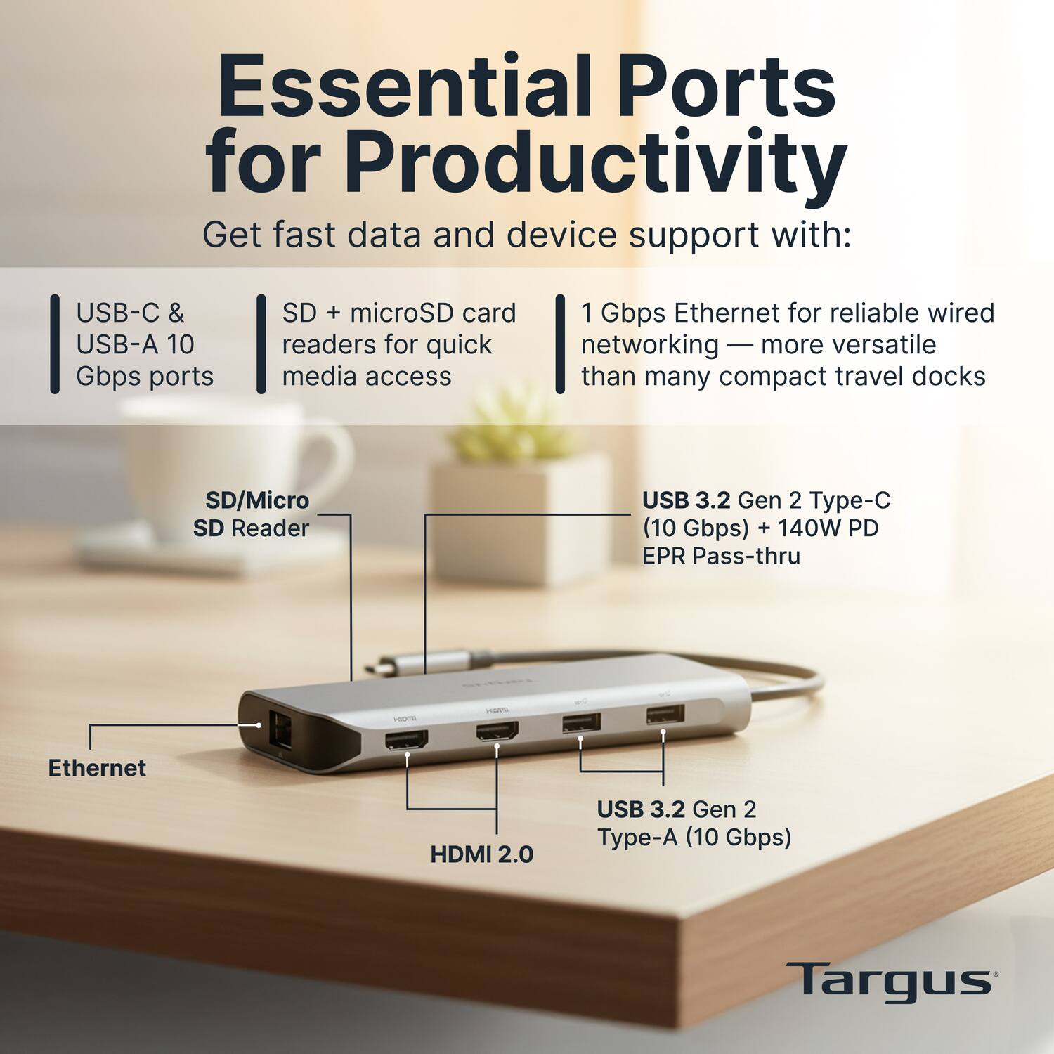 Essential Ports for Productivity

Get fast data and device support with:

- USB-C & USB-A 10 Gbps ports
- SD + microSD card readers for quick media access
- 1 Gbps Ethernet for reliable wired networking — more versatile than many compact travel docks

SD/Micro SD Reader  
USB 3.2 Gen 2 Type-C (10 Gbps) + 140W PD EPR Pass-thru  
Ethernet  
HDMI 2.0  
USB 3.2 Gen 2 Type-A (10 Gbps)  

Targus