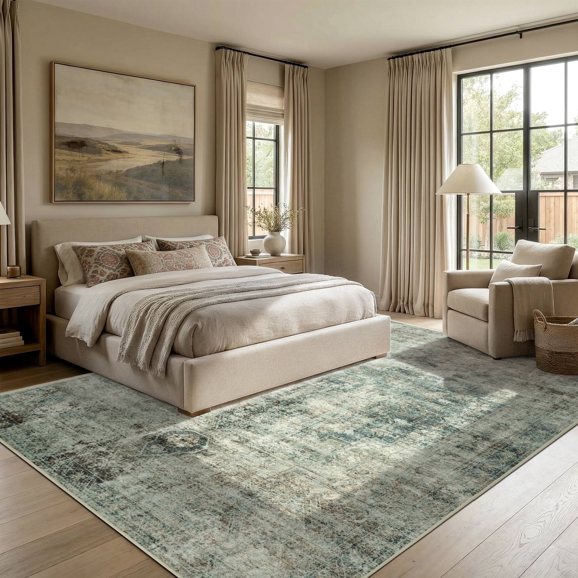 Alt View 3. KERDOM - 5x7 Vintage Boho Medallion Area Rug, Machine Washable, Non Slip Back Low Pile, Large Living Room Bedroom Dining Room Rug - Moss Green.