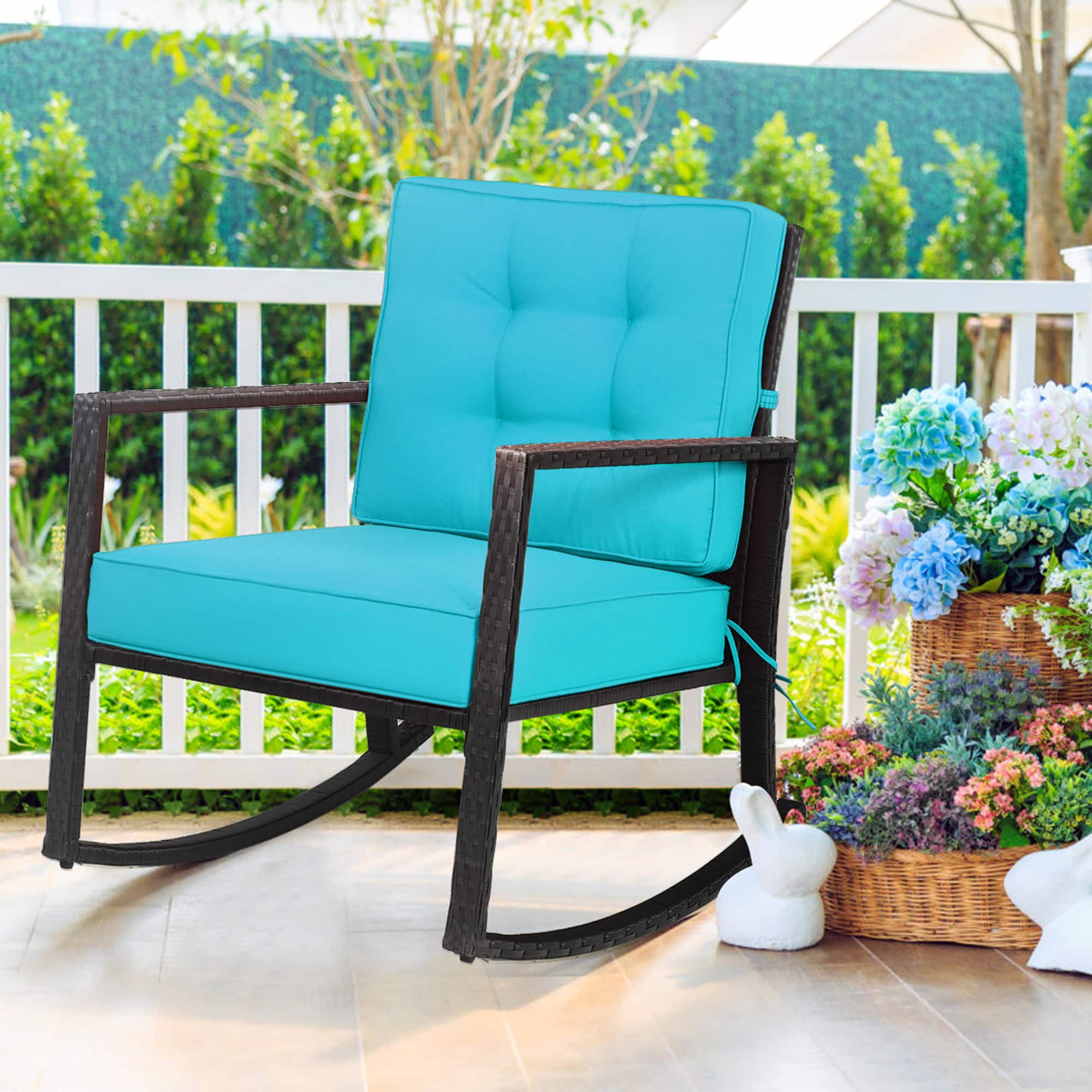 Gymax - Outdoor Wicker Rocking Chair Patio Lawn Rattan Single Chair Glider w/ Turquoise Cushion - black + turquoise price history on PriceWatchPro