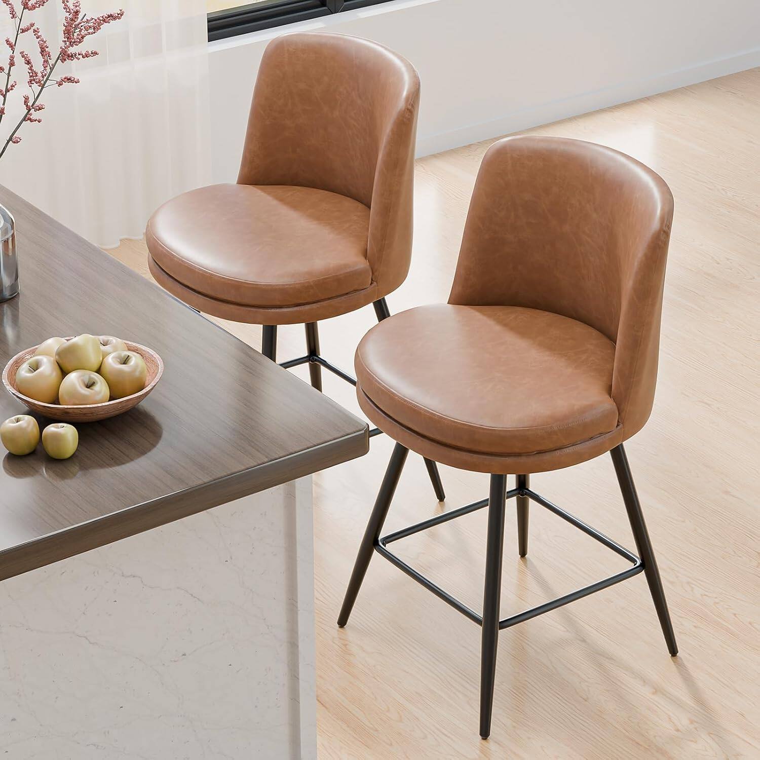 Alt View 4. Winado - 26" H Swivel Barstools PU Faux Leather Upholstered Counter Height Bar Stool Chair with Back, Round Seat, Metal Legs - Brown-Set of 4.