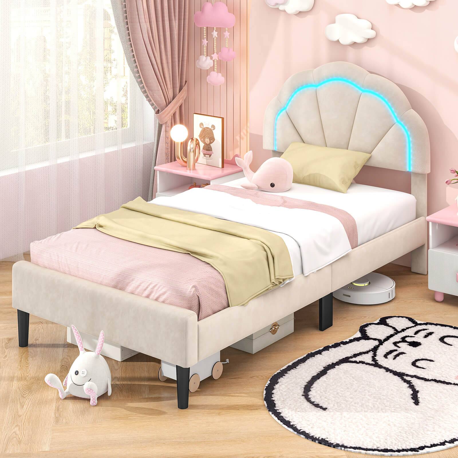 Alt View 1. Costway - Costway Twin Size Upholstered LED Bed Frame Soft Velvet Platform Bed with Flower Headboard - Beige.