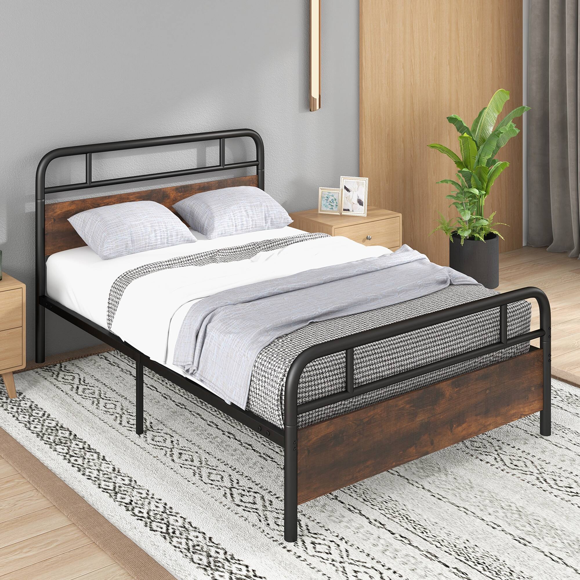 Alt View 4. Costway - Costway Full Size Metal Platform Bed Frame Industrial Headboard Mattress Foundation - Black+Brown.