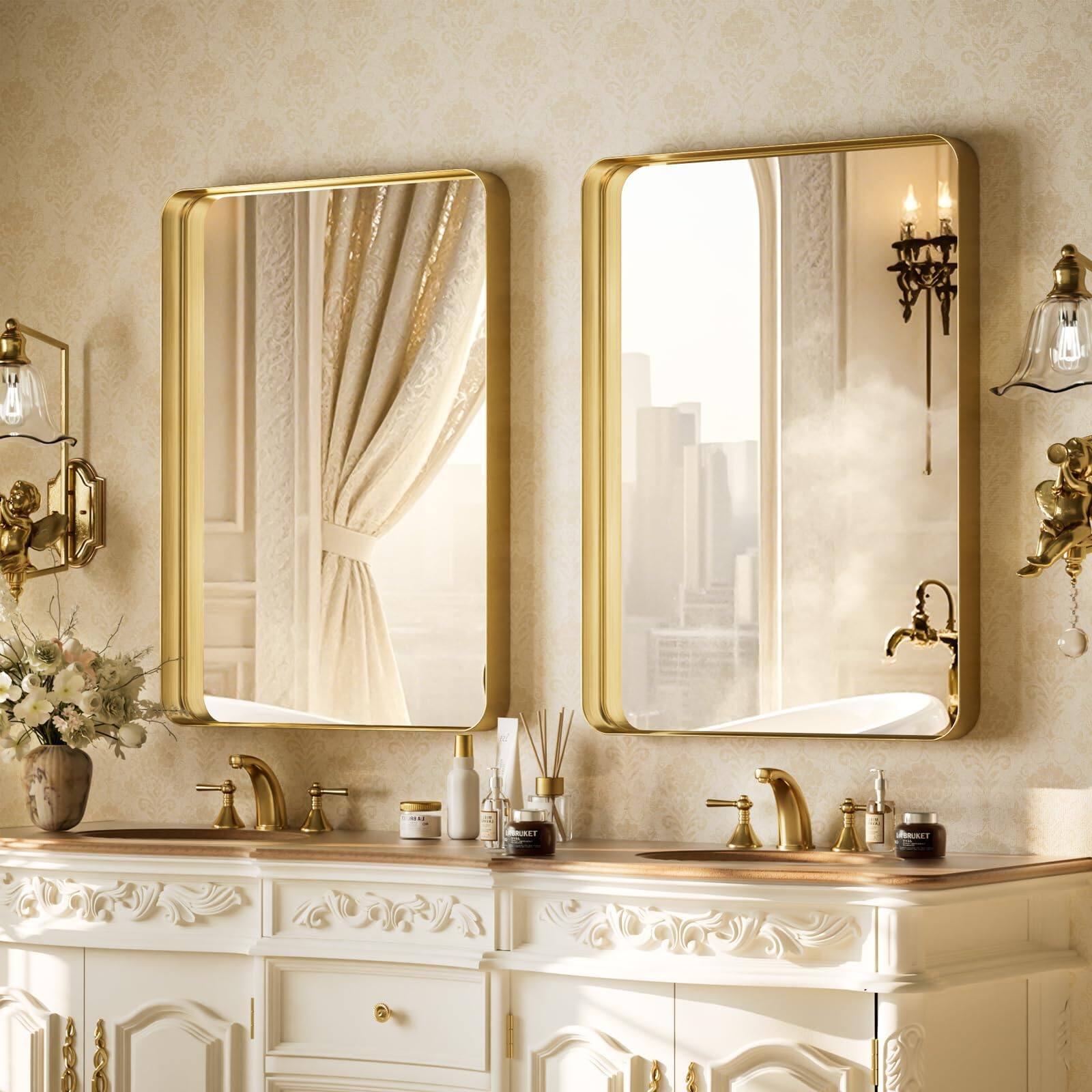 Alt View 2. Cedar Assembly - Bathroom Mirror Gorgeous Deep Frame Wall Modern Round Corner Vanity For Bedroom Living Room Hanging Or Le... - Gold-30"L x 20"W.