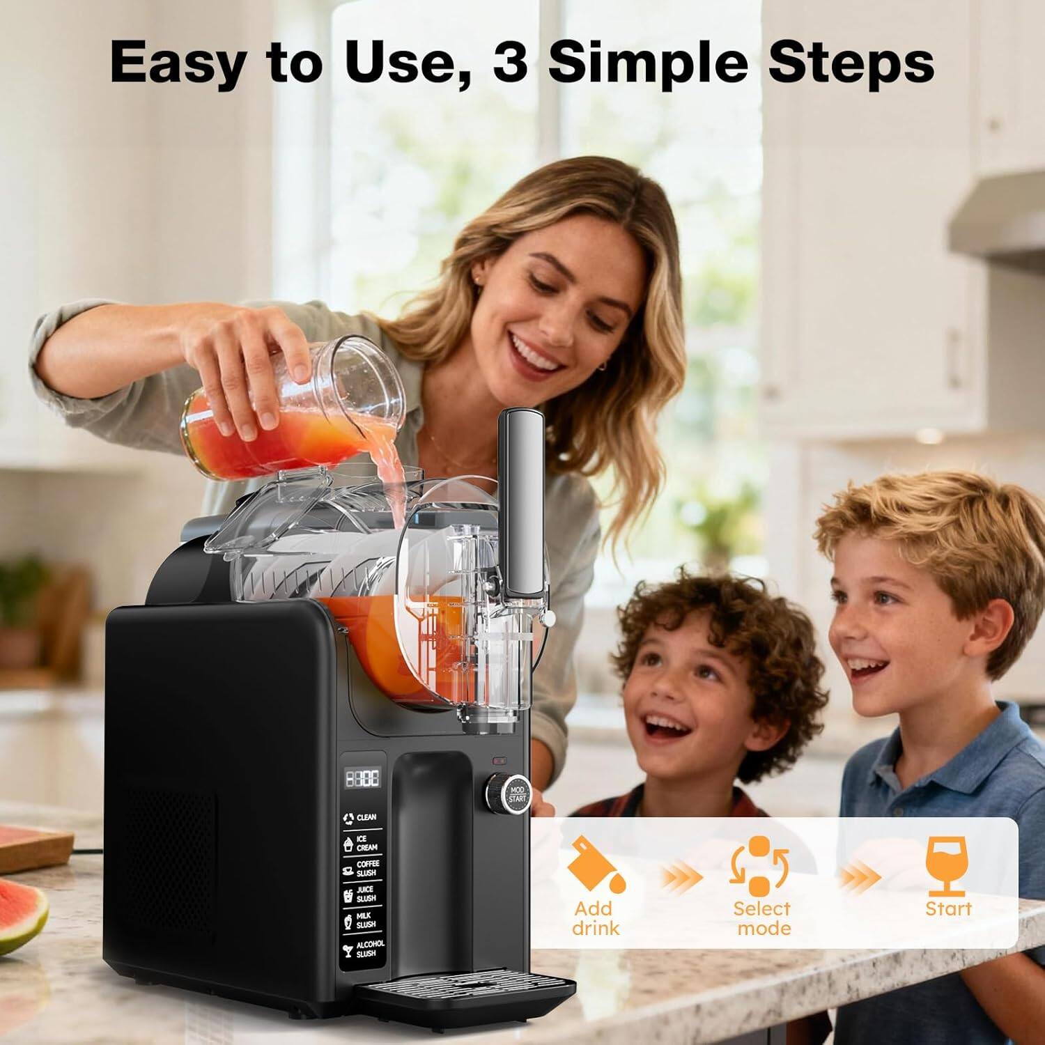 Easy to Use, 3 Simple Steps

1. Add drink
2. Select mode
3. Start