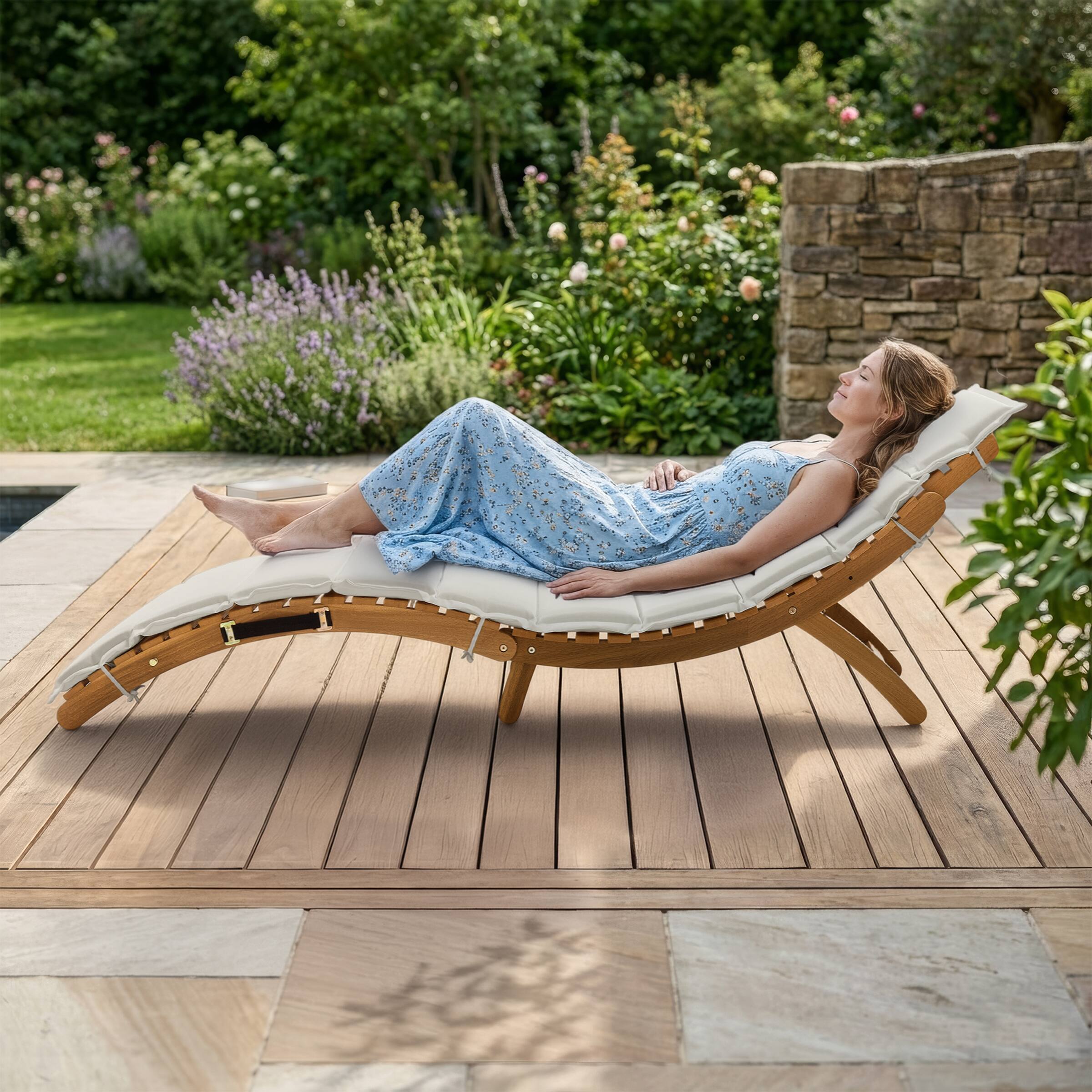 Alt View 2. Alaterre Furniture - Outdoor Chaise Lounge Chair - Folding Eucalyptus Wood Patio Lounger with Thick Cushion and Curved Design - Brown.