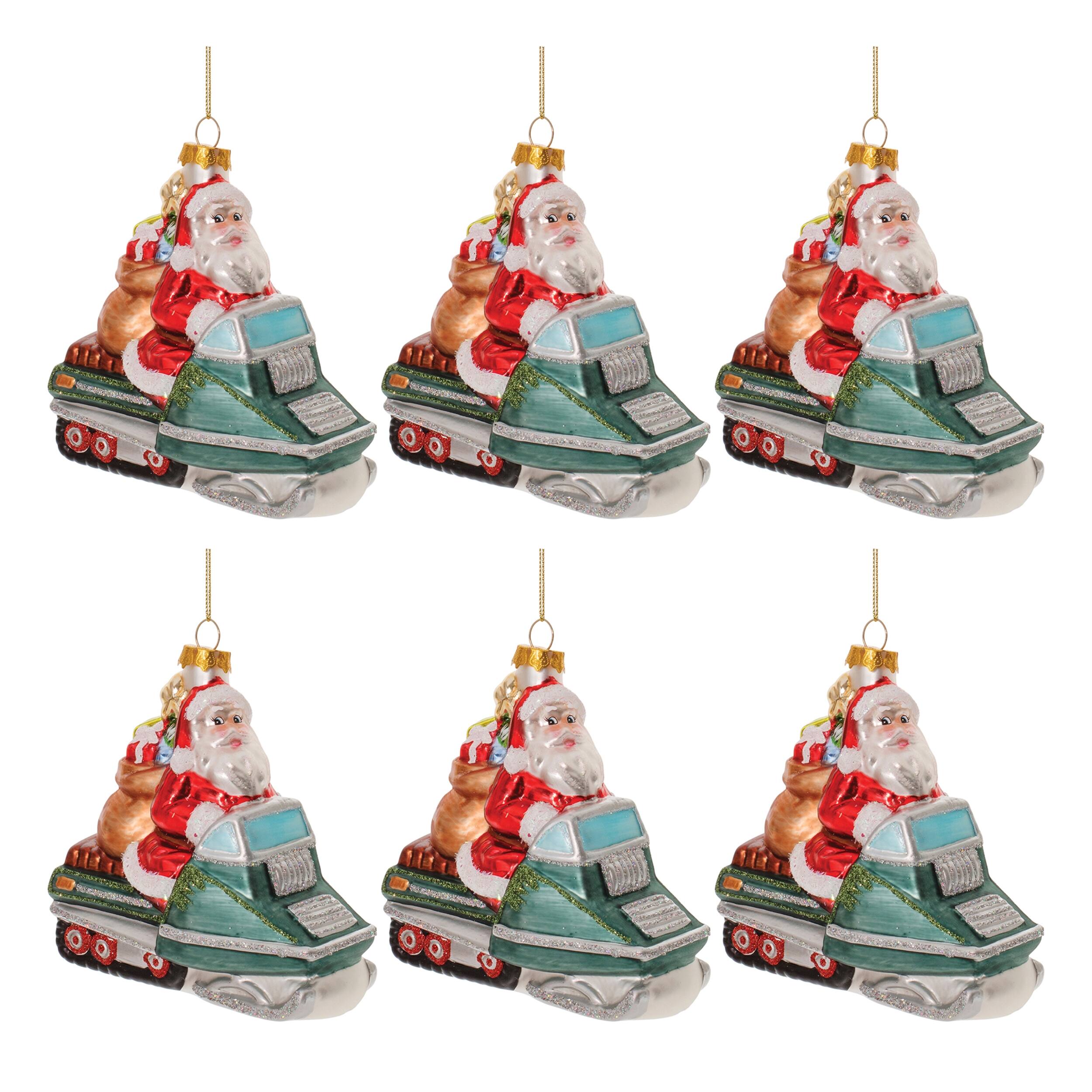 Left. BreeBe - Glass Snowmobile Santa Ornament (Set of 6) - Red, Blue.