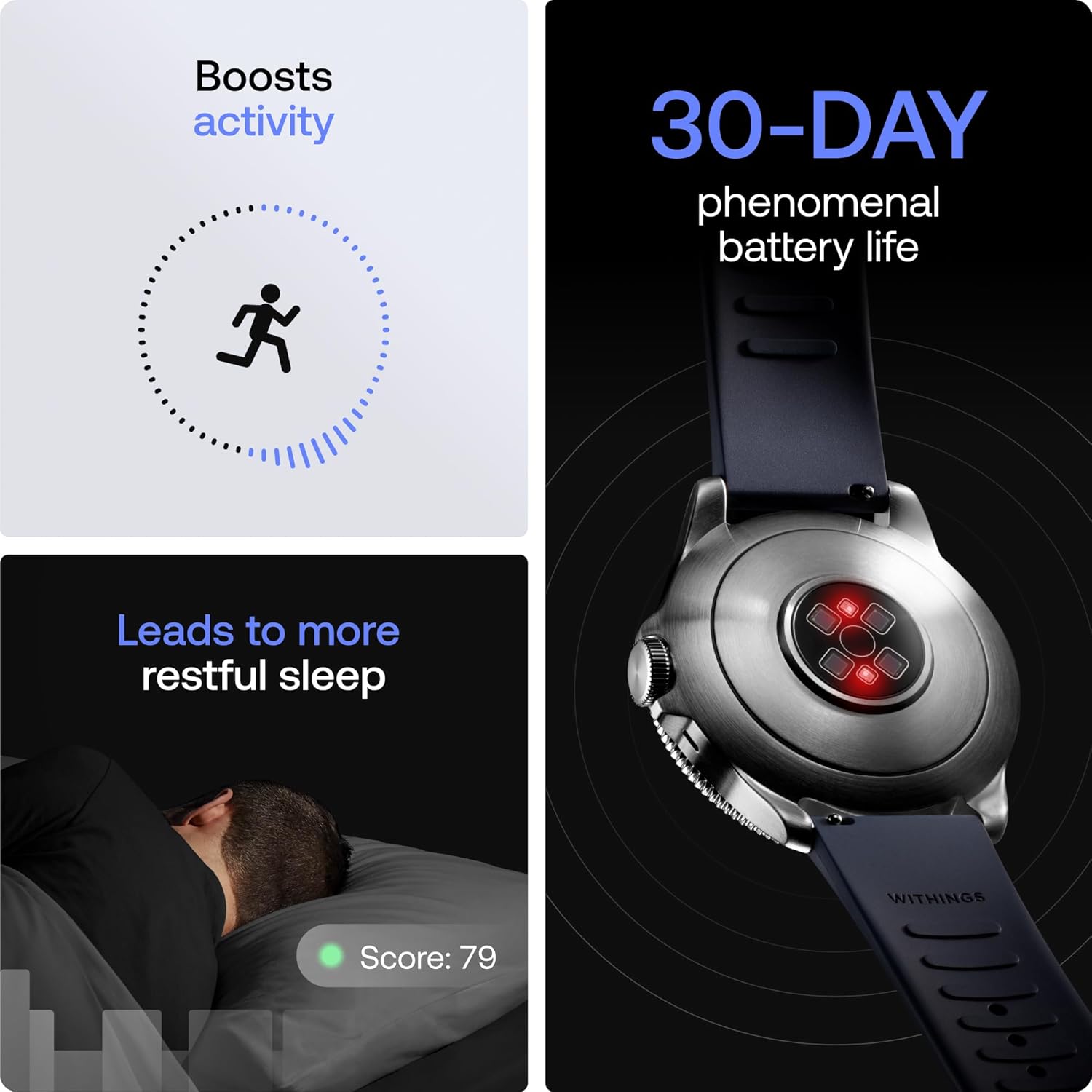 Boosts activity  
30-DAY phenomenal battery life  
Leads to more restful sleep  
WITHINGS  
Score: 79
