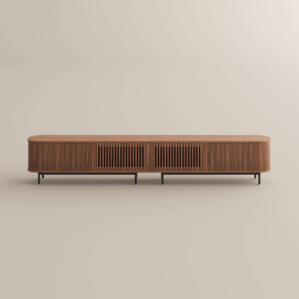 Alt View 9. POVISON - 118"Mid-Century Modern Tambour Door TV Stand,Walnut with LED Lights - Walnut with LED Lights.