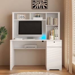 Tiramisubest - Modern Wooden Computer Desk with Hutch & Bookshelf, Home Office Desk with Drawers, 3 AC Outlets, 2 USB Ports - White
