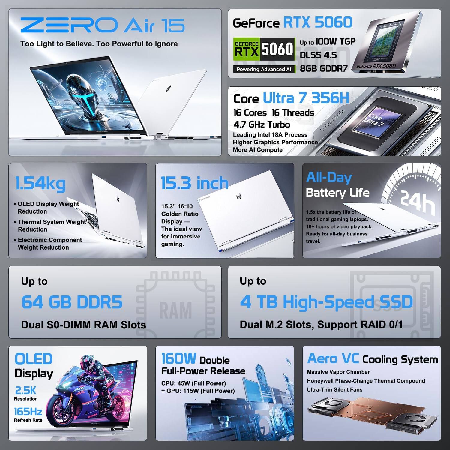 ZERO Air 15  
Too Light to Believe. Too Powerful to Ignore

GeForce RTX 5060  
GEFORCE  
Up to 100W TGP  
RTX 5060 DLSS 4.5  
GEFORCE RTX 5060  
Powering Advanced AI  
8GB GDDR7

Core Ultra 7 356H  
16 Cores 16 Threads  
Ultra Core 4.7 GHz Turbo  
Leading Intel 18A Process  
Higher Graphics Performance  
More AI Compute

1.54kg  
OLED Display Weight Reduction  
Thermal System Weight Reduction  
Electronic Component Weight Reduction

15.3 inch  
15.3" 16:10 Golden Ratio Display  
The ideal view for immersive gaming.

All-Day Battery Life  
1.5x the battery life of traditional gaming laptops.  
24h 10+ hours of video playback.  
Ready for all-day business travel.

Up to 64 GB DDR5  
Dual SO-DIMM RAM Slots

Up to 4 TB High-Speed SSD  
Dual M.2 Slots, Support RAID 0/1

OLED Display  
2.5K Resolution  
